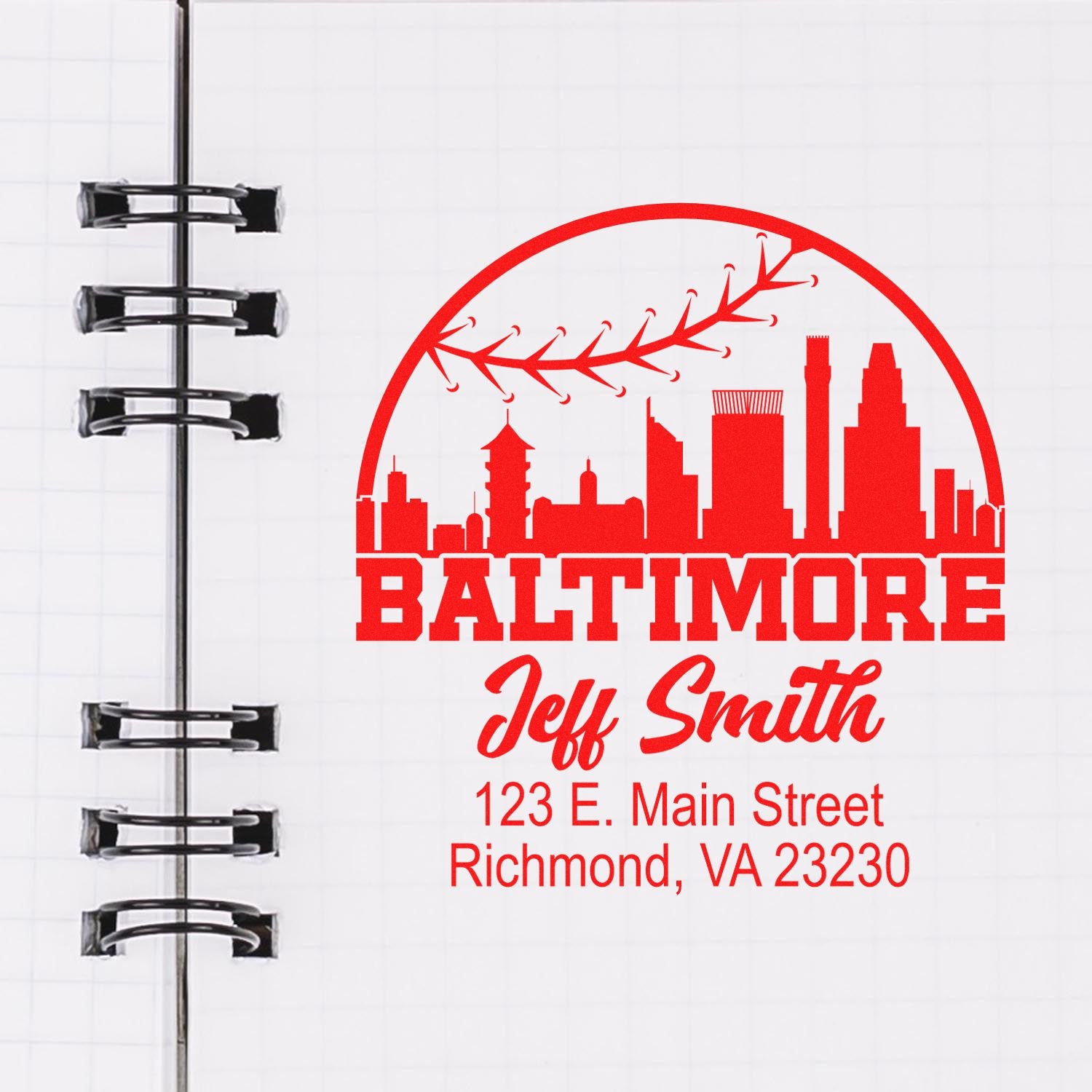 Custom Baltimore return address rubber stamp mockup with skyline, Jeff Smith name, and Richmond VA address.