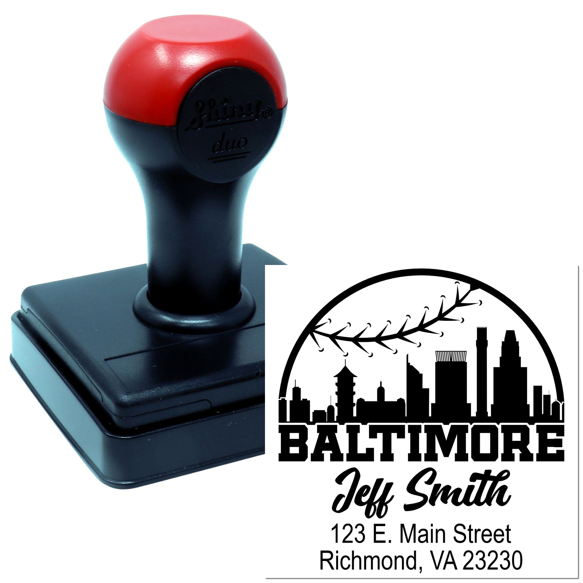 Custom self-inking rubber stamp with Baltimore skyline, name, and address for business or return mail.