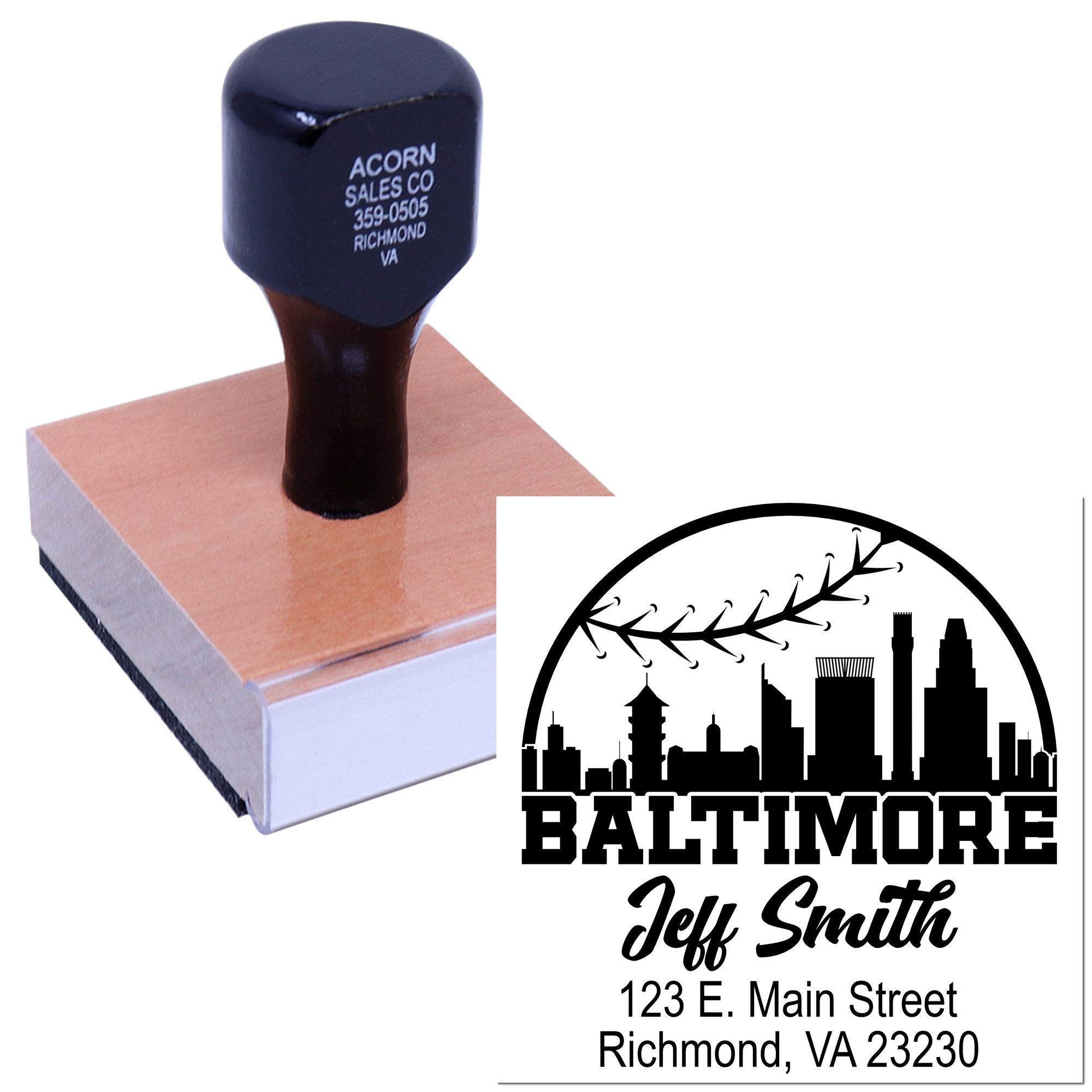 Custom Baltimore address rubber stamp with skyline logo, ideal for business mail, return addresses, and branding.