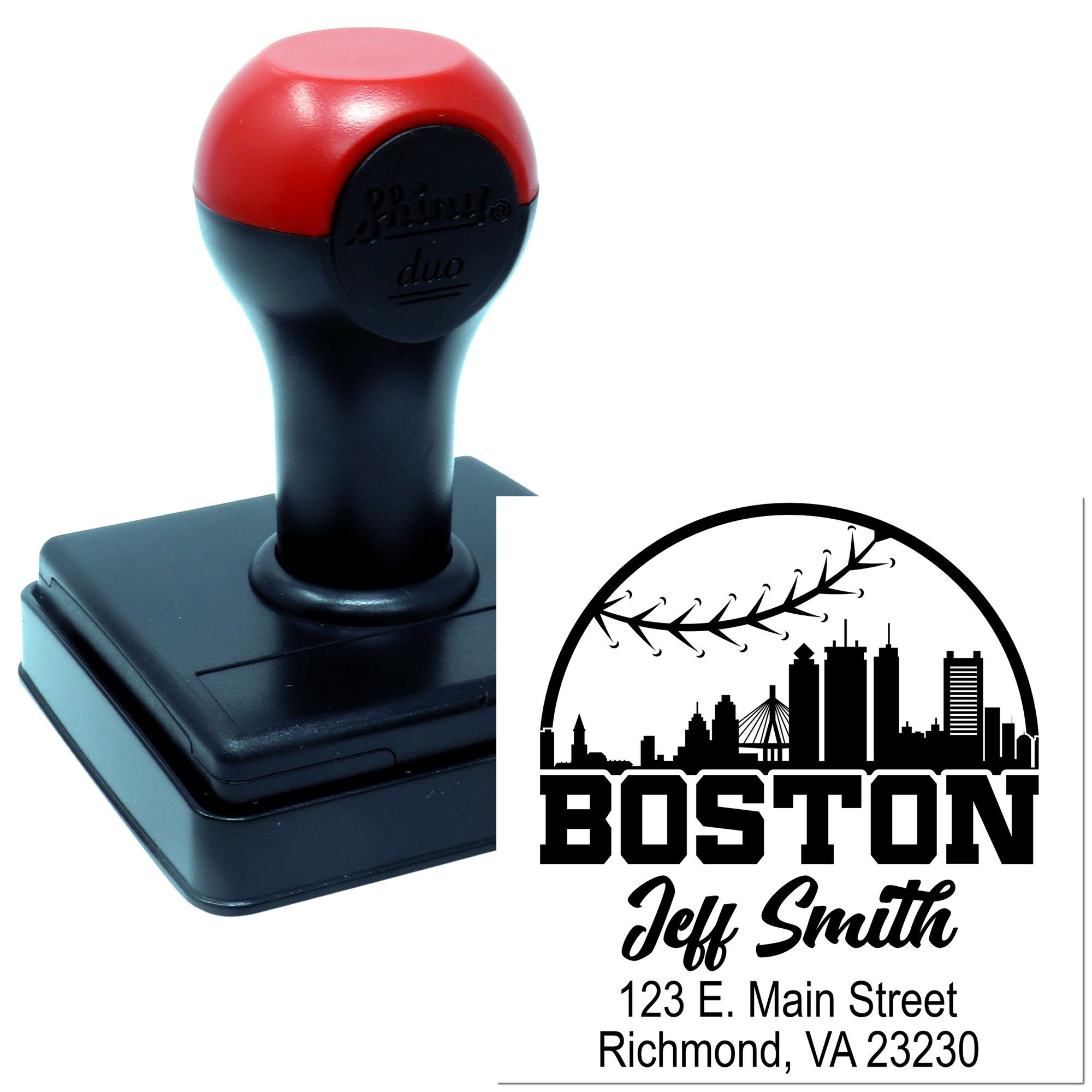 Custom self-inking rubber stamp with Boston skyline logo and Jeff Smith return address for business mailing.