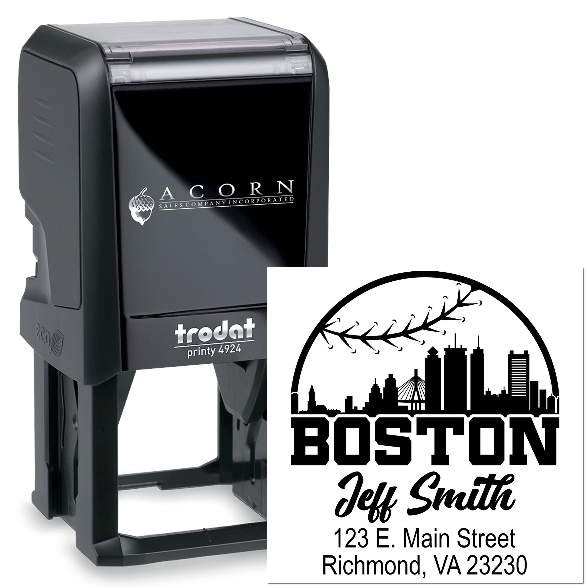 Custom self-inking Trodat rubber stamp with Boston logo, name, and address for professional return address imprinting.