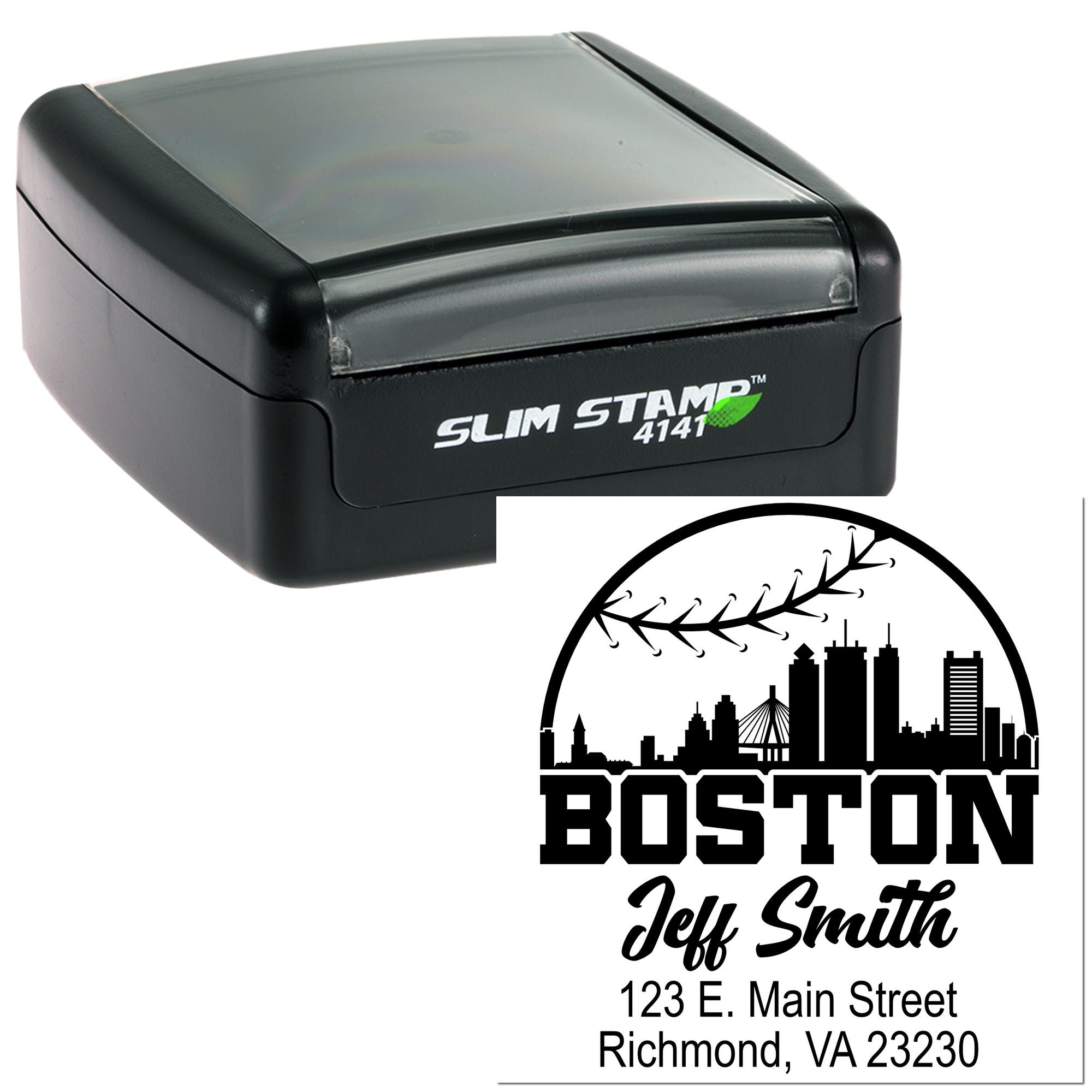 Boston custom address rubber stamp with skyline design, personalized return address for Jeff Smith on Slim Stamp 4141.