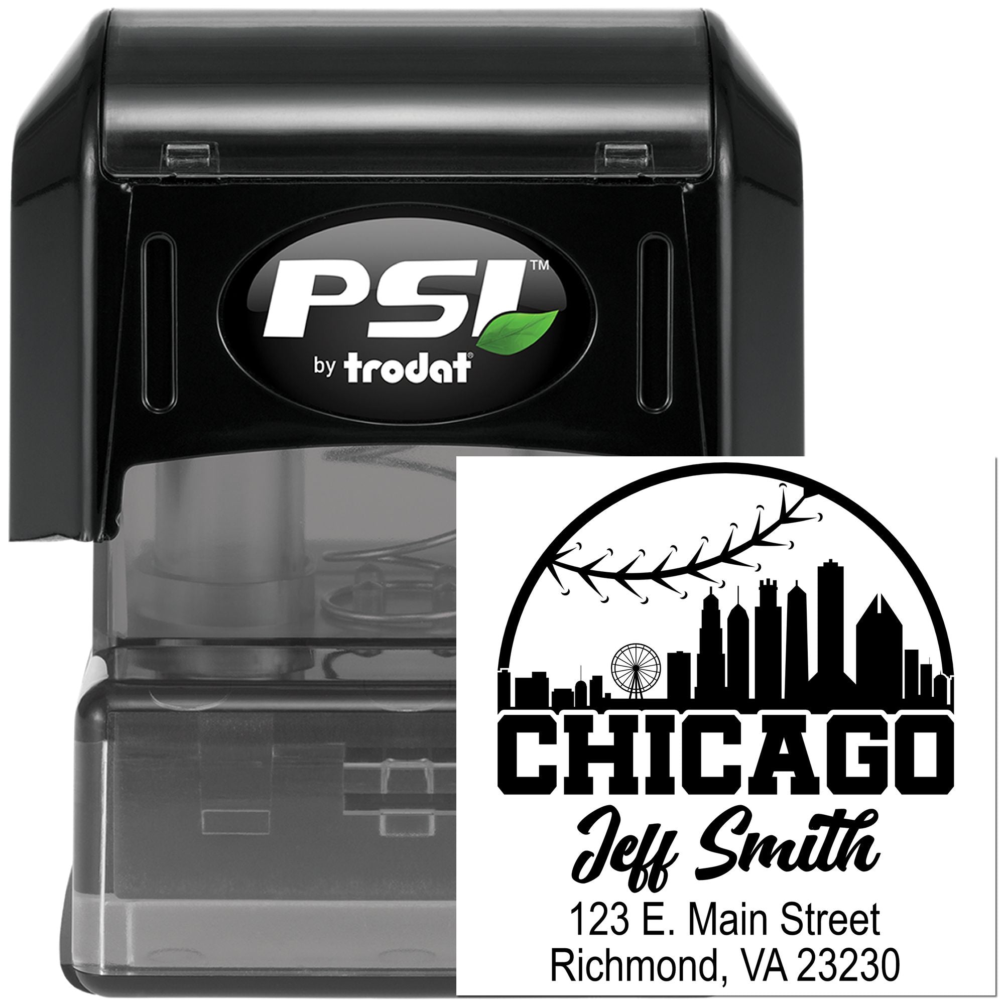 PSI by Trodat self-inking rubber stamp with custom Chicago address imprint for business mailings