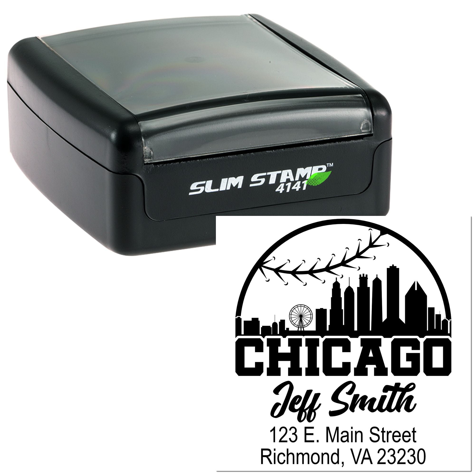 Custom self-inking rubber address stamp with Chicago skyline design and Richmond, VA return address.