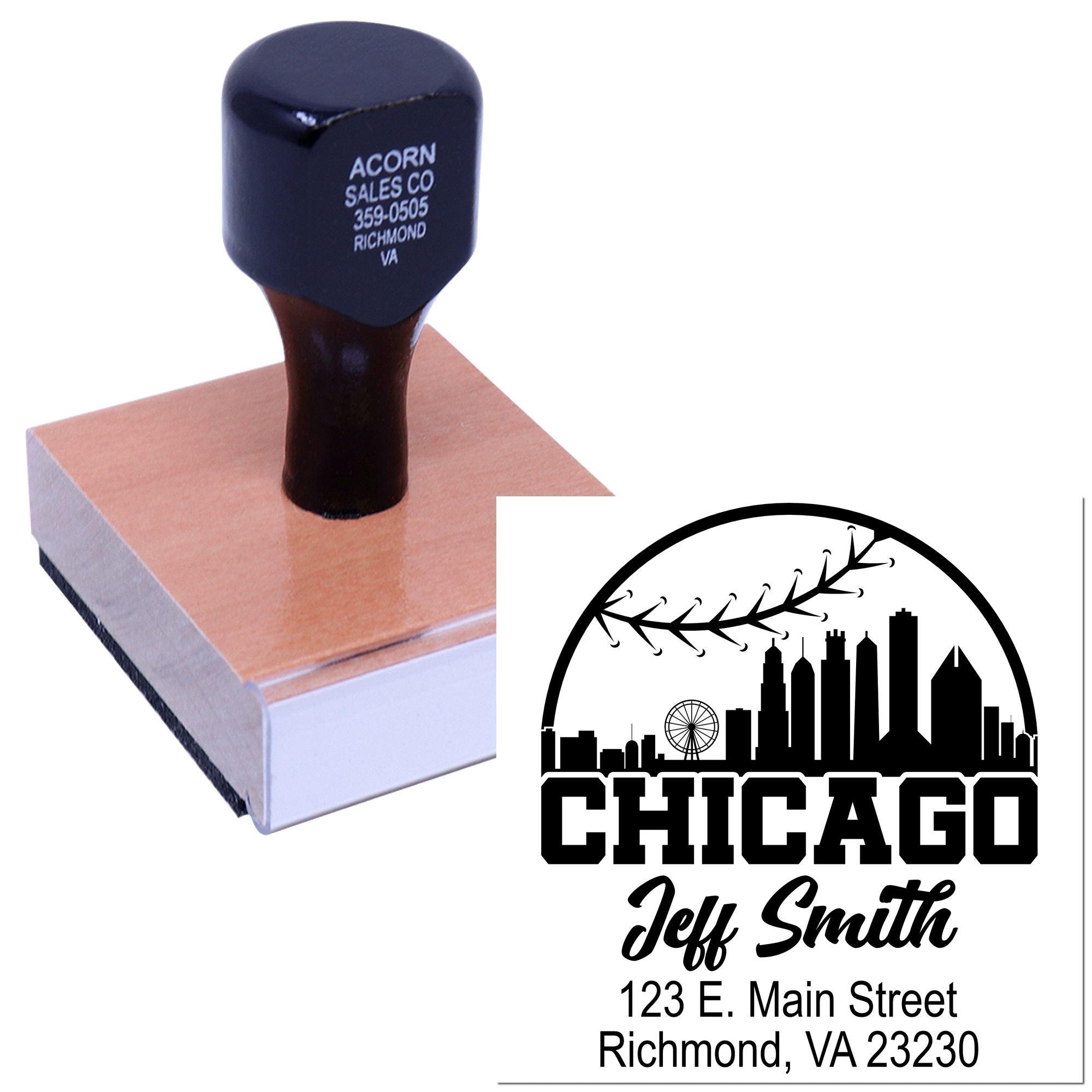 Custom self-inking Chicago address rubber stamp with skyline logo for business mailings and packaging.