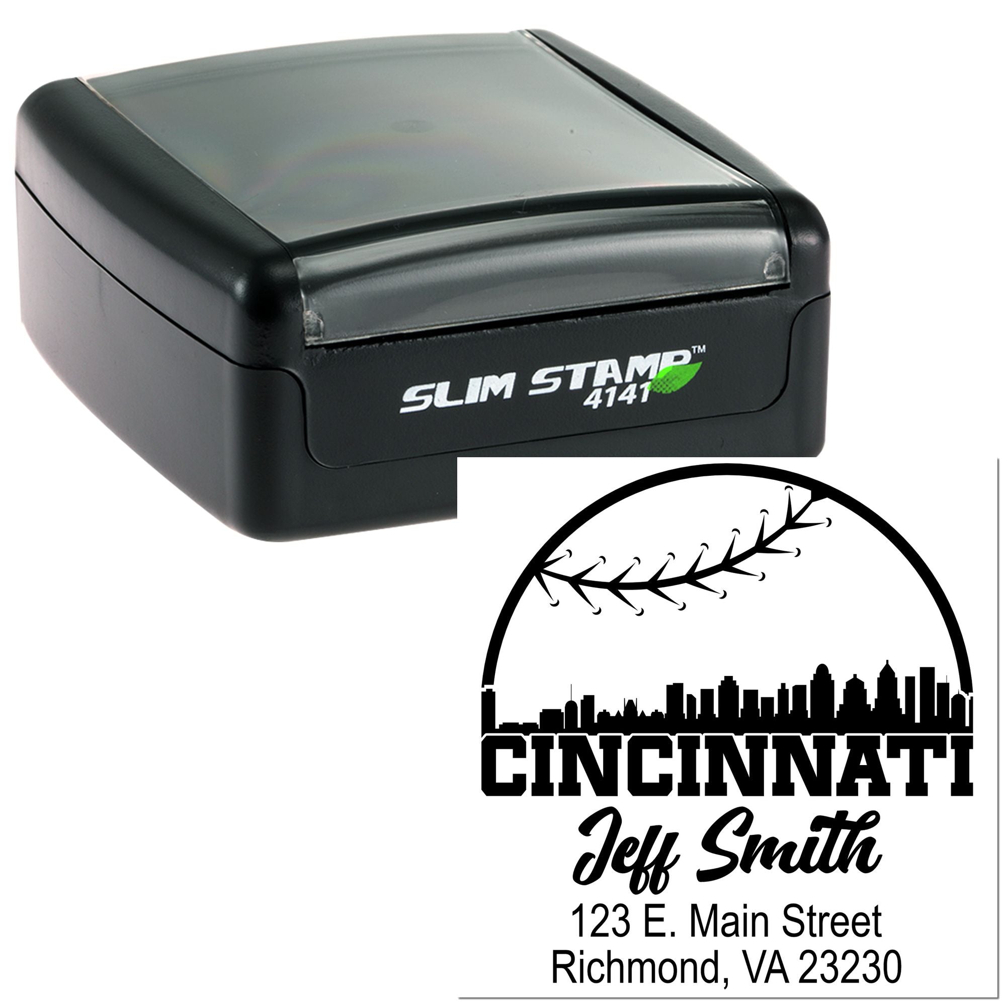 Custom self-inking rubber stamp with Cincinnati skyline and Jeff Smith address details for business mailings