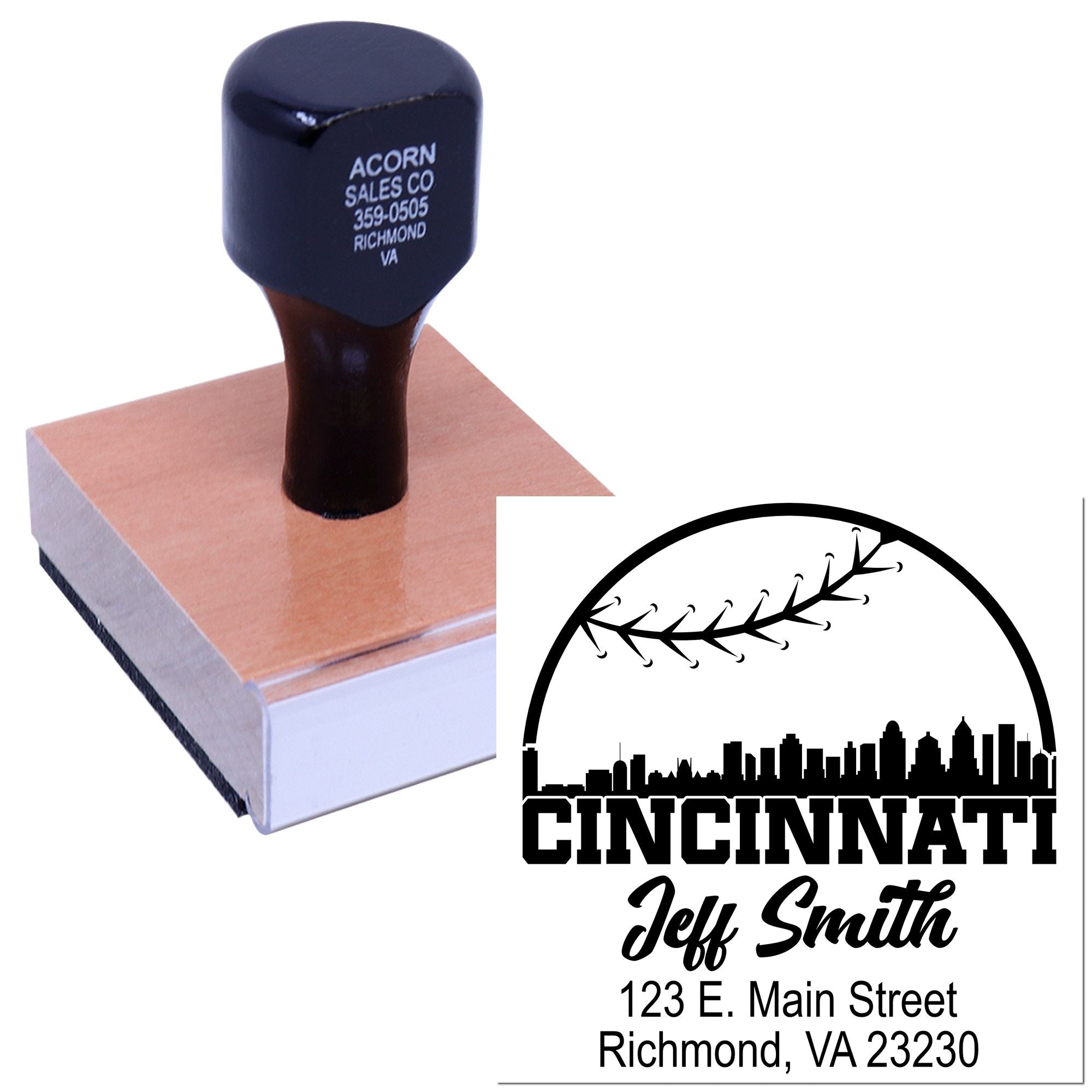 Custom rubber address stamp with Cincinnati logo, Jeff Smith name, and Richmond, VA address for business mailing.