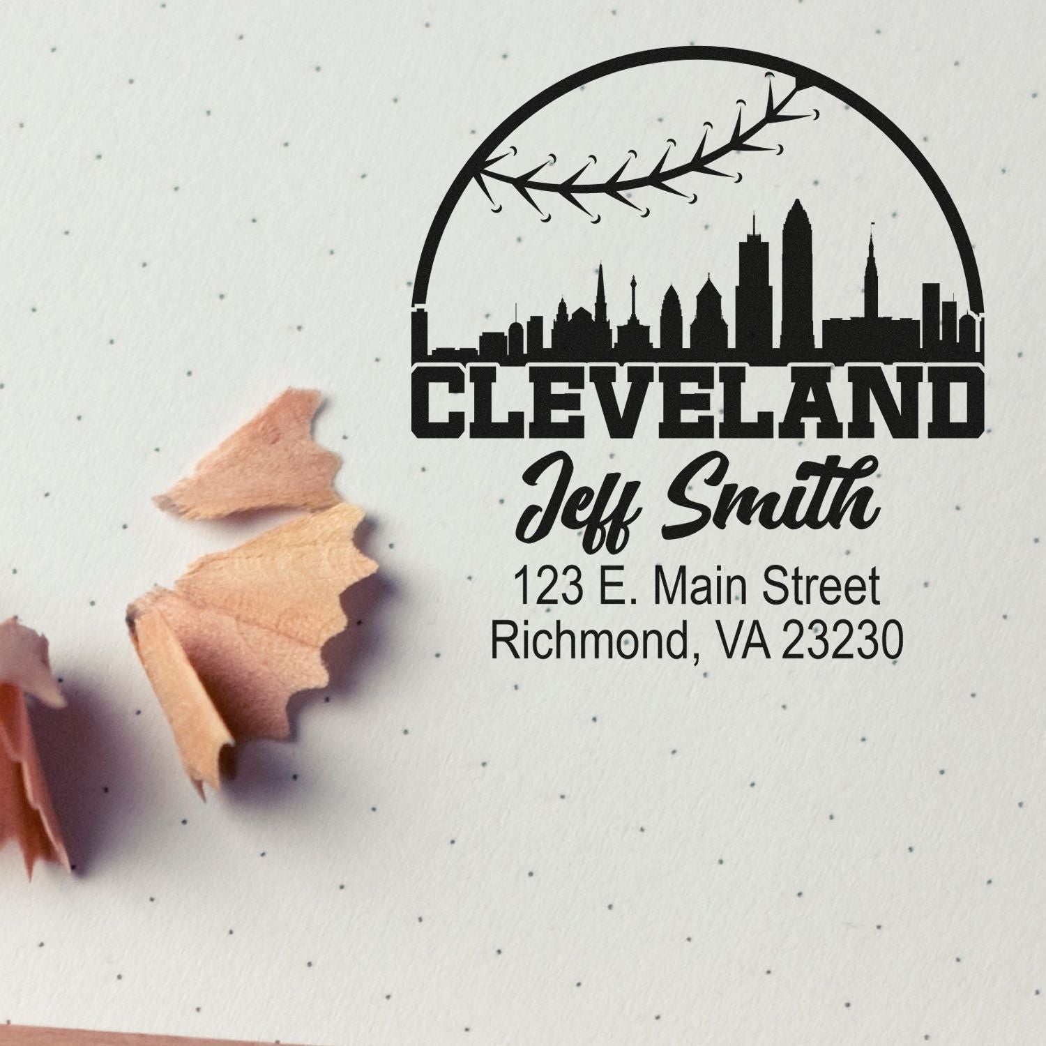 Custom Cleveland skyline return address rubber stamp with name and address for personalized mail and business branding.