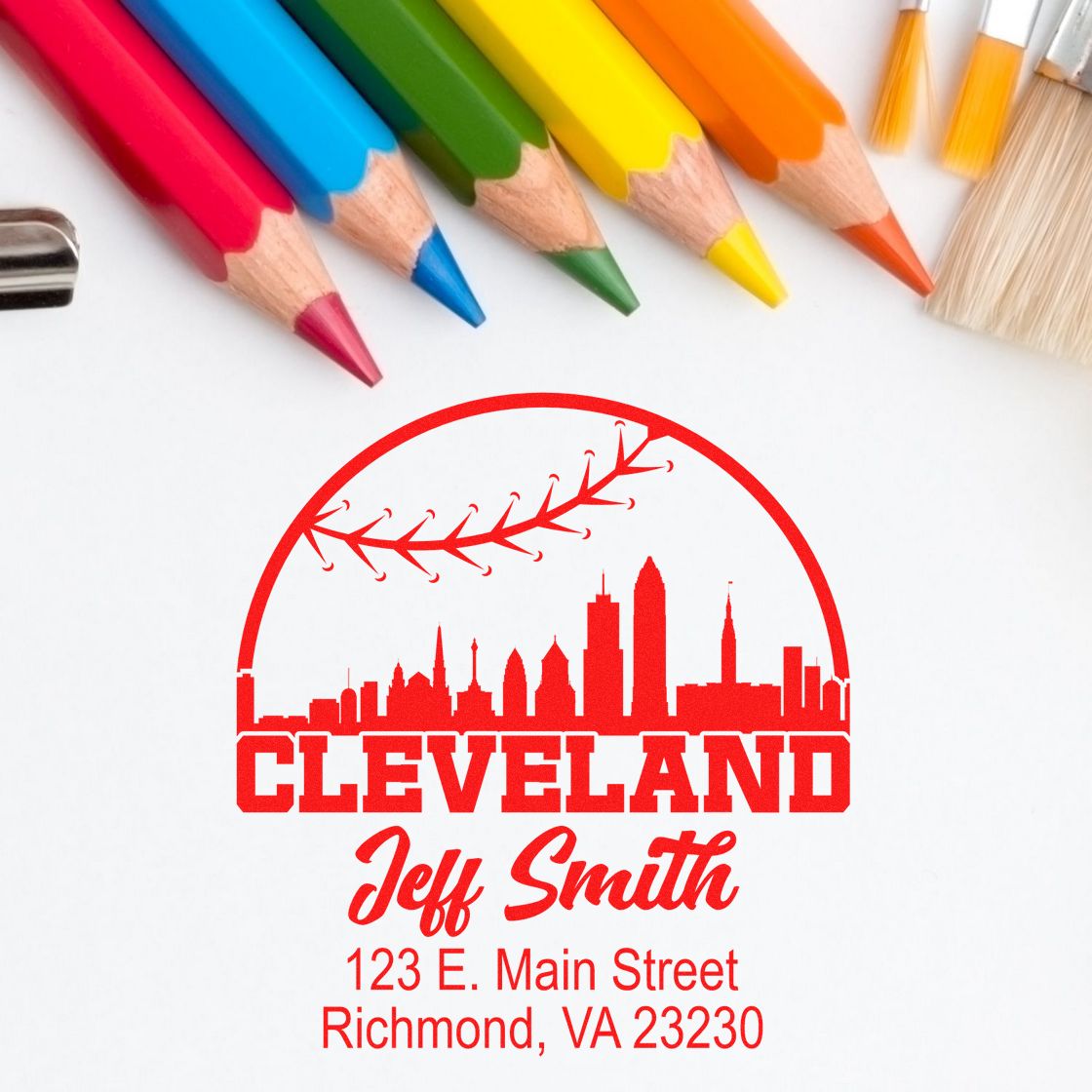Custom rubber stamp design with Cleveland skyline and baseball theme, personalized name and Richmond, VA address.