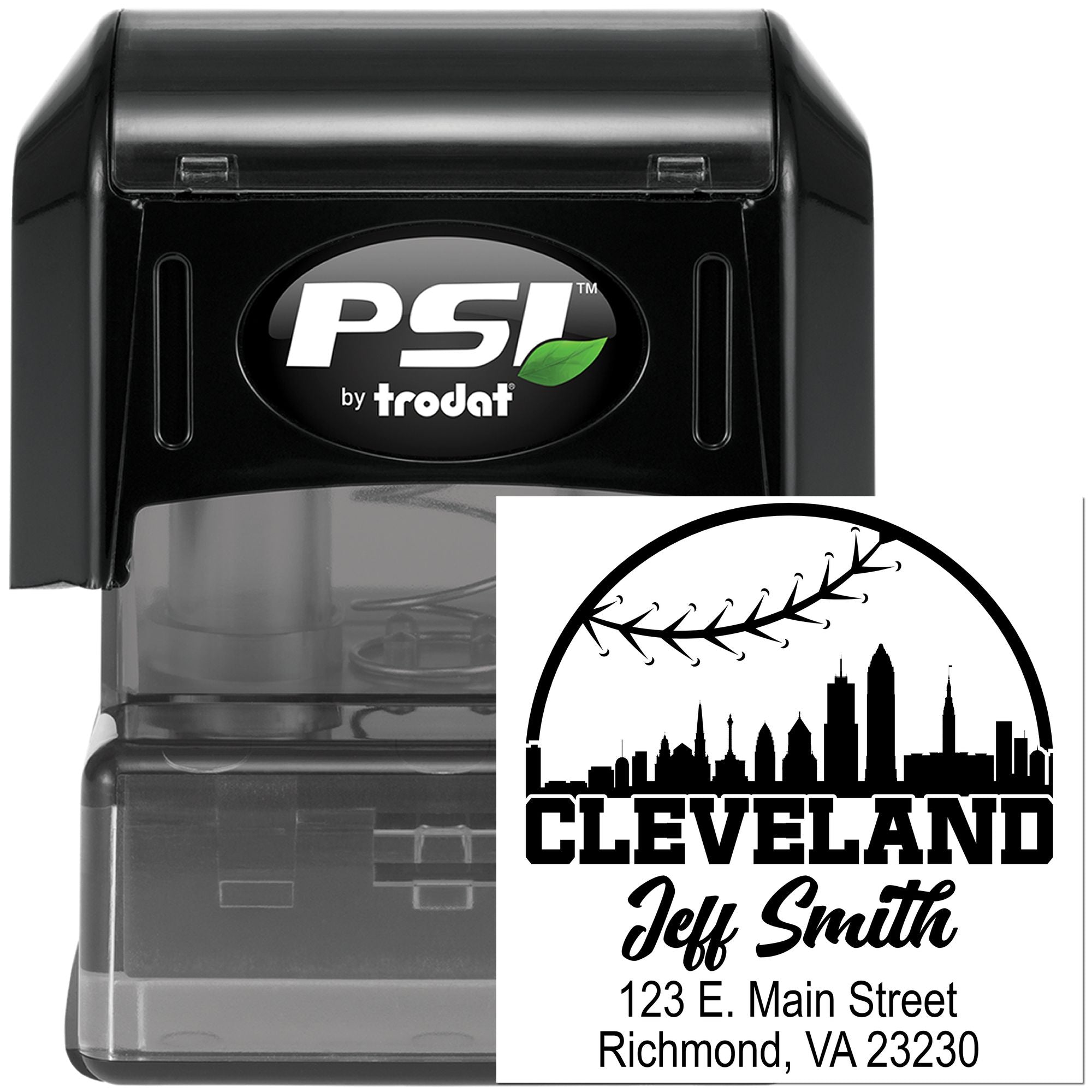 Personalized self-inking return address rubber stamp with Cleveland skyline, Jeff Smith, and Richmond, VA address.