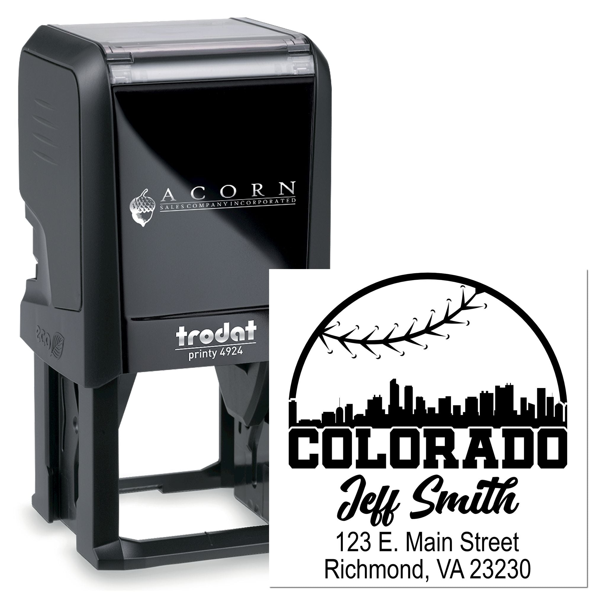 Custom self-inking rubber stamp for Colorado return addresses, featuring Jeff Smith name and mailing address.
