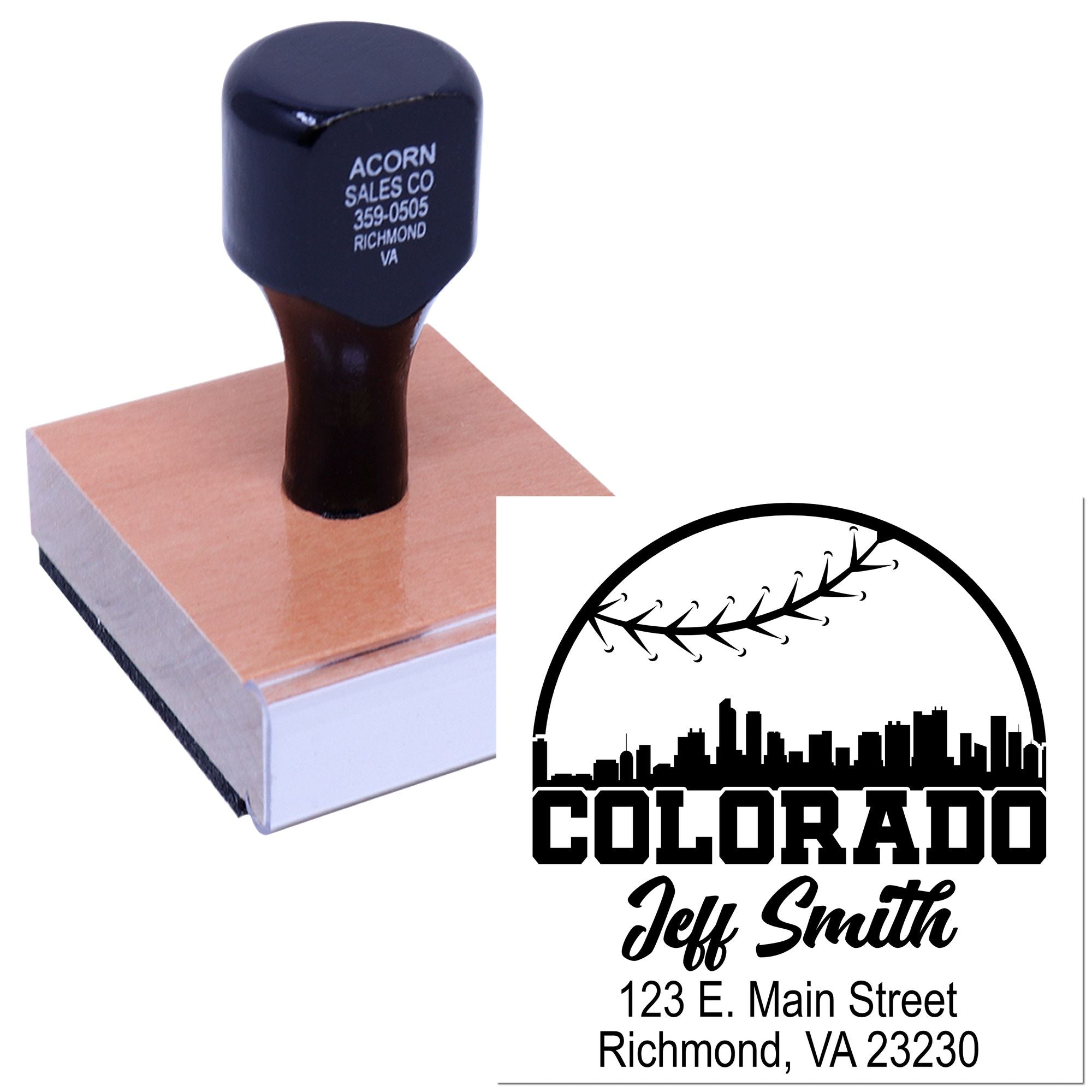 Custom rubber address stamp with logo and return address for Jeff Smith, ideal for business mailing and branding.