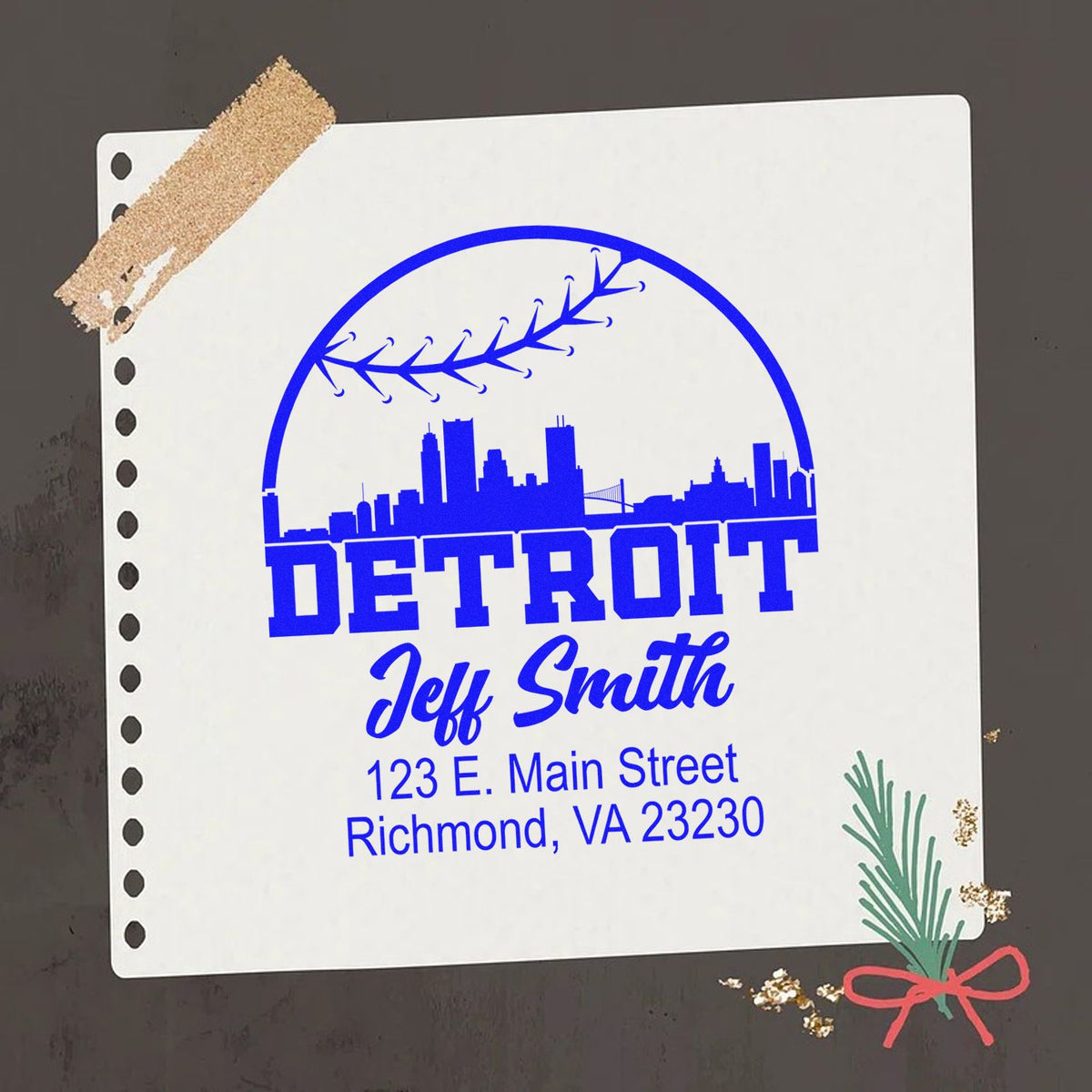 Custom Detroit address rubber stamp with skyline, name, and mailing address for envelopes and stationery.
