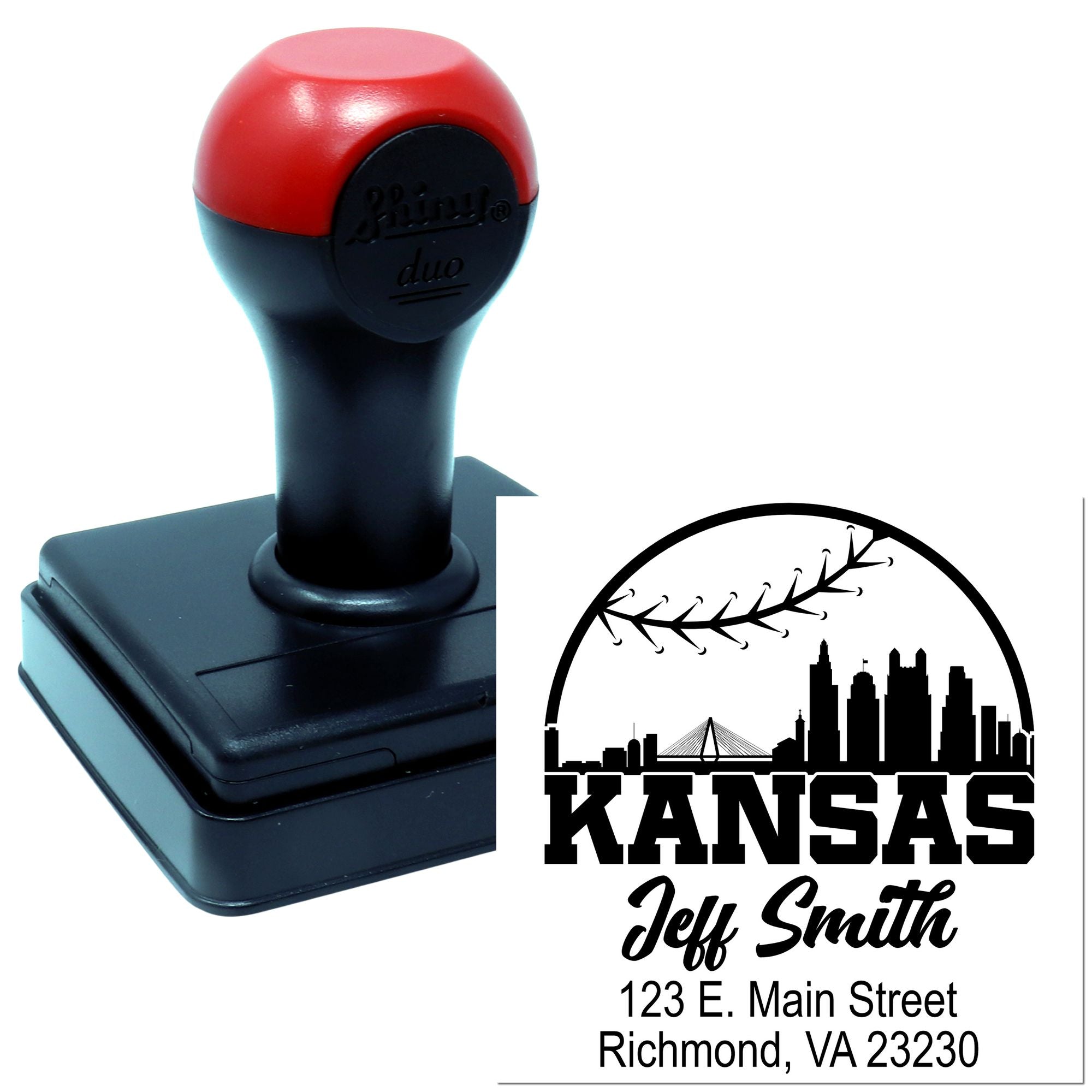 Custom self-inking rubber address stamp with Kansas skyline design and Jeff Smith name and address imprint