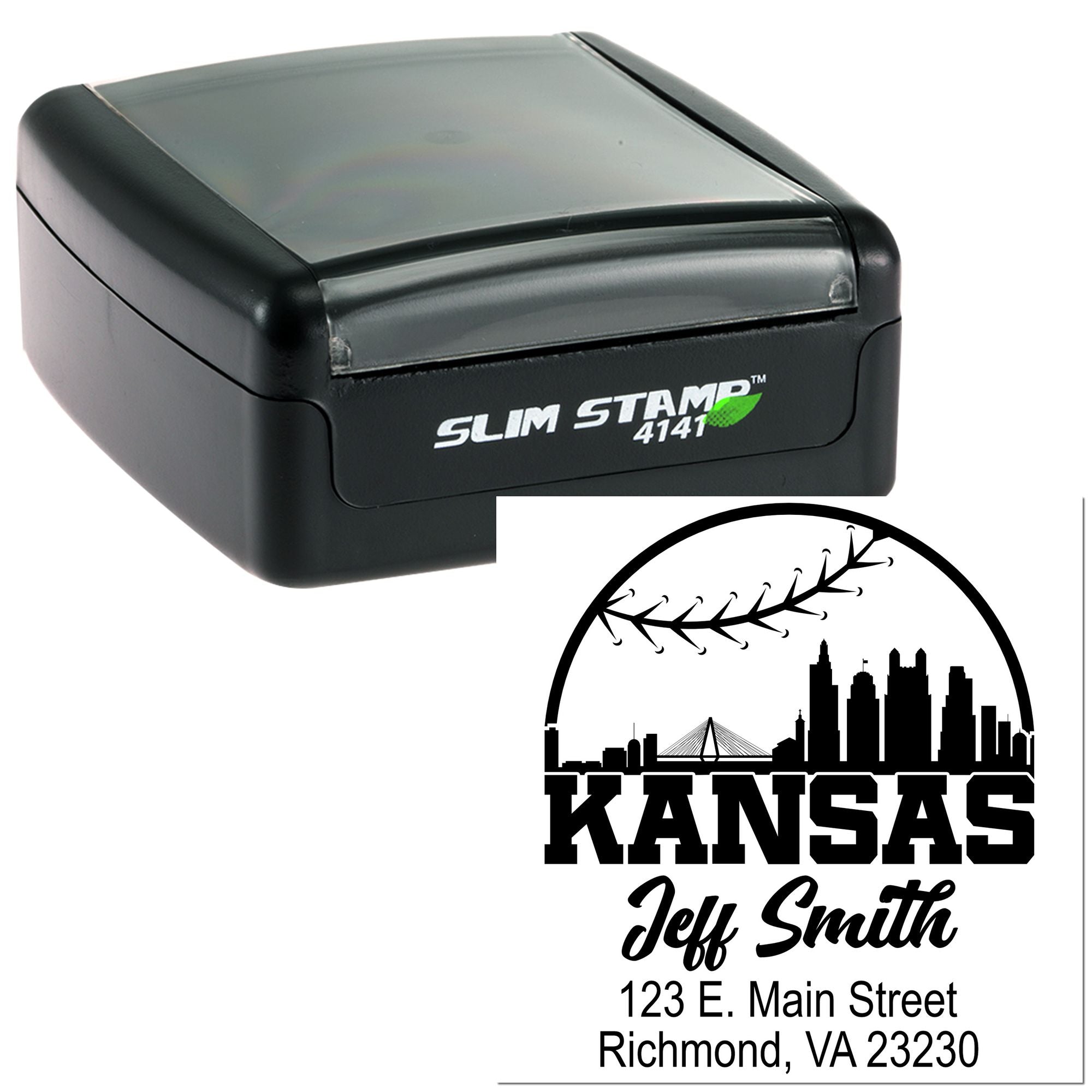 Slim self-inking rubber stamp with custom Kansas address design, ideal for personalized mailing and business branding.