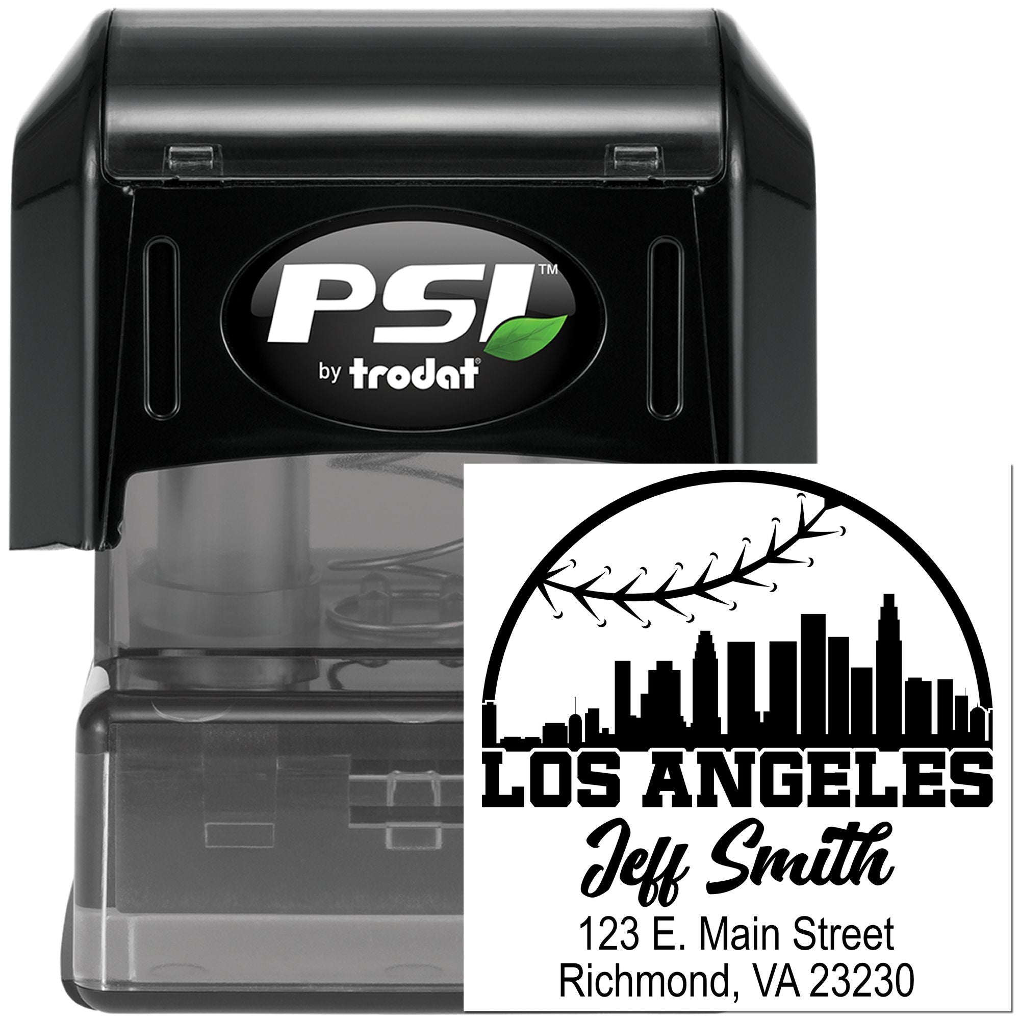PSI by Trodat self-inking rubber stamp with custom Los Angeles skyline address design for business mailing.