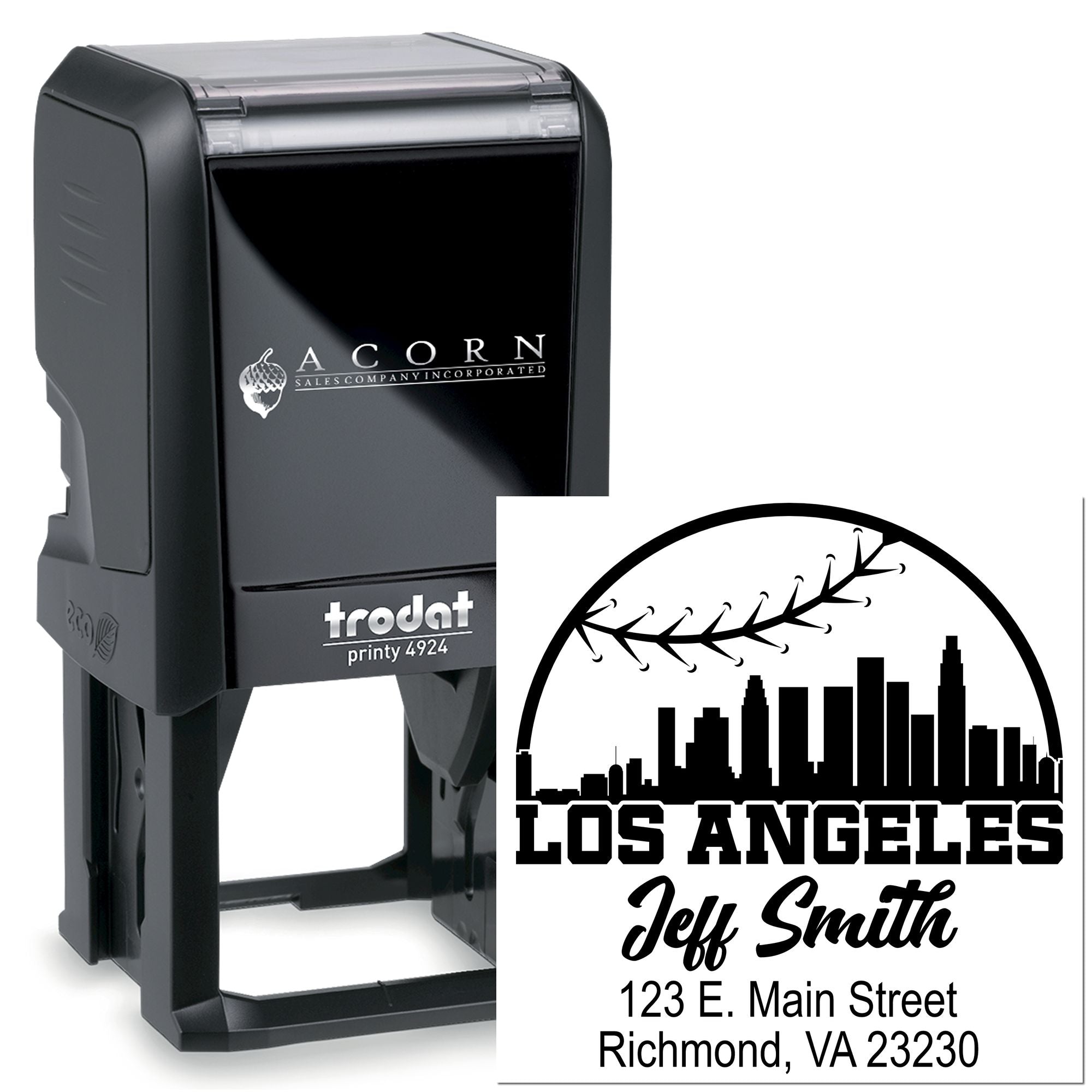Custom self-inking rubber stamp with Los Angeles address imprint for business mail, branding, and personalized correspondence.