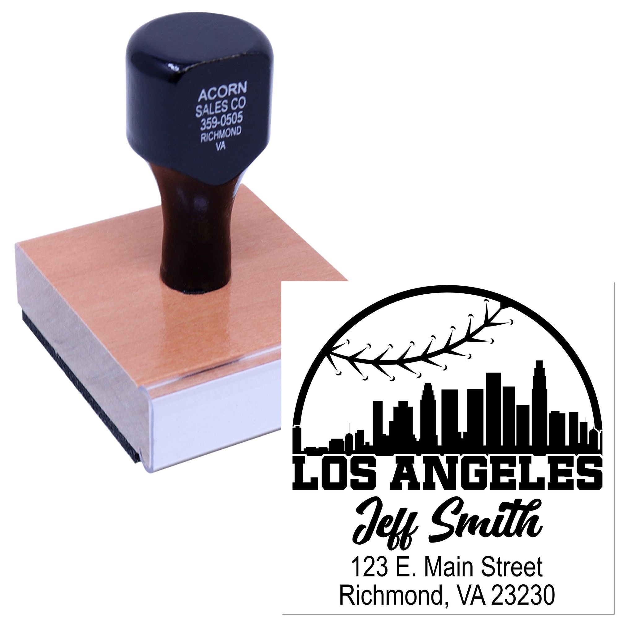 Custom rubber return address stamp with Los Angeles skyline logo for business mailings.