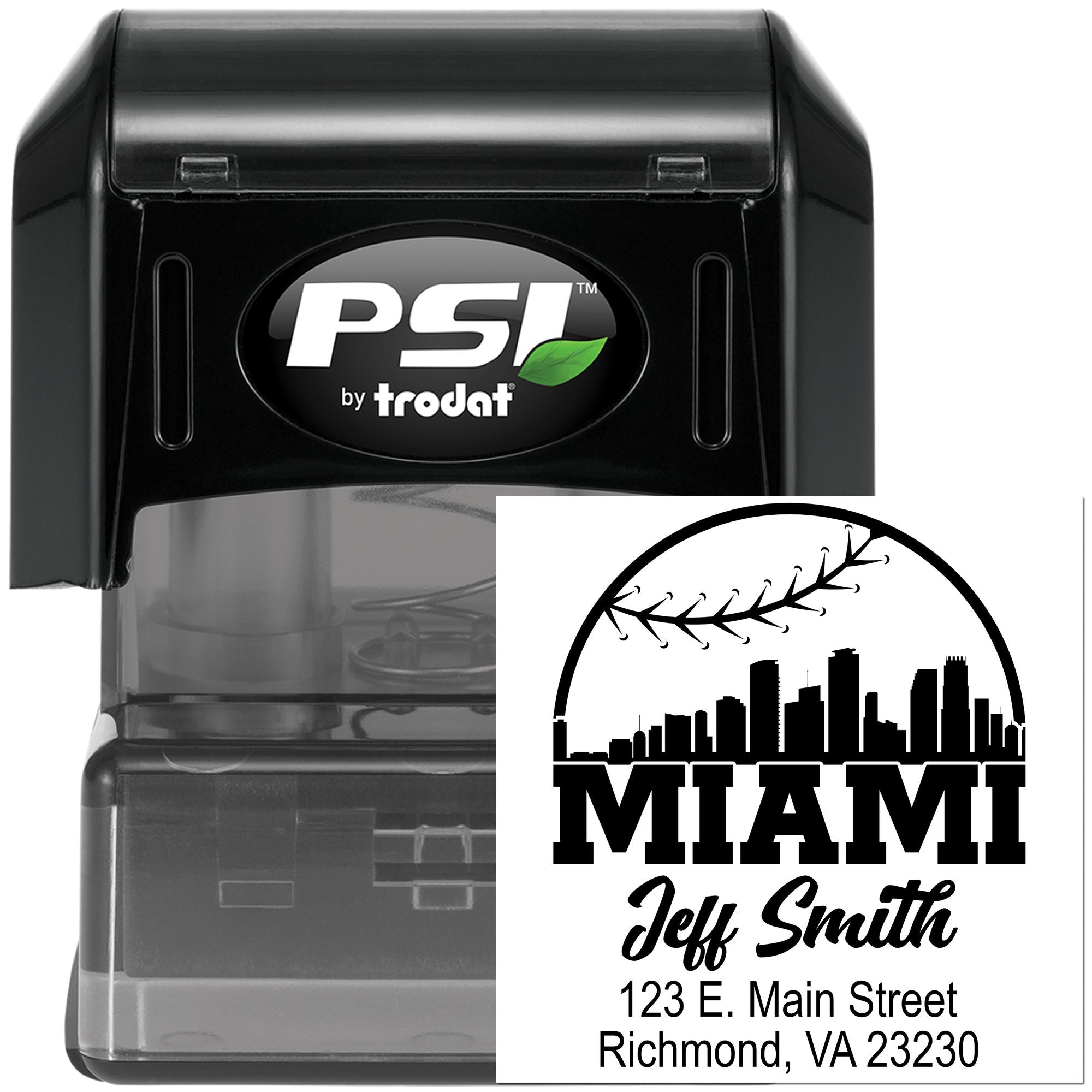 Custom Miami self-inking rubber stamp by PSI Trodat, showing a personalized address imprint for Jeff Smith, Richmond, VA.