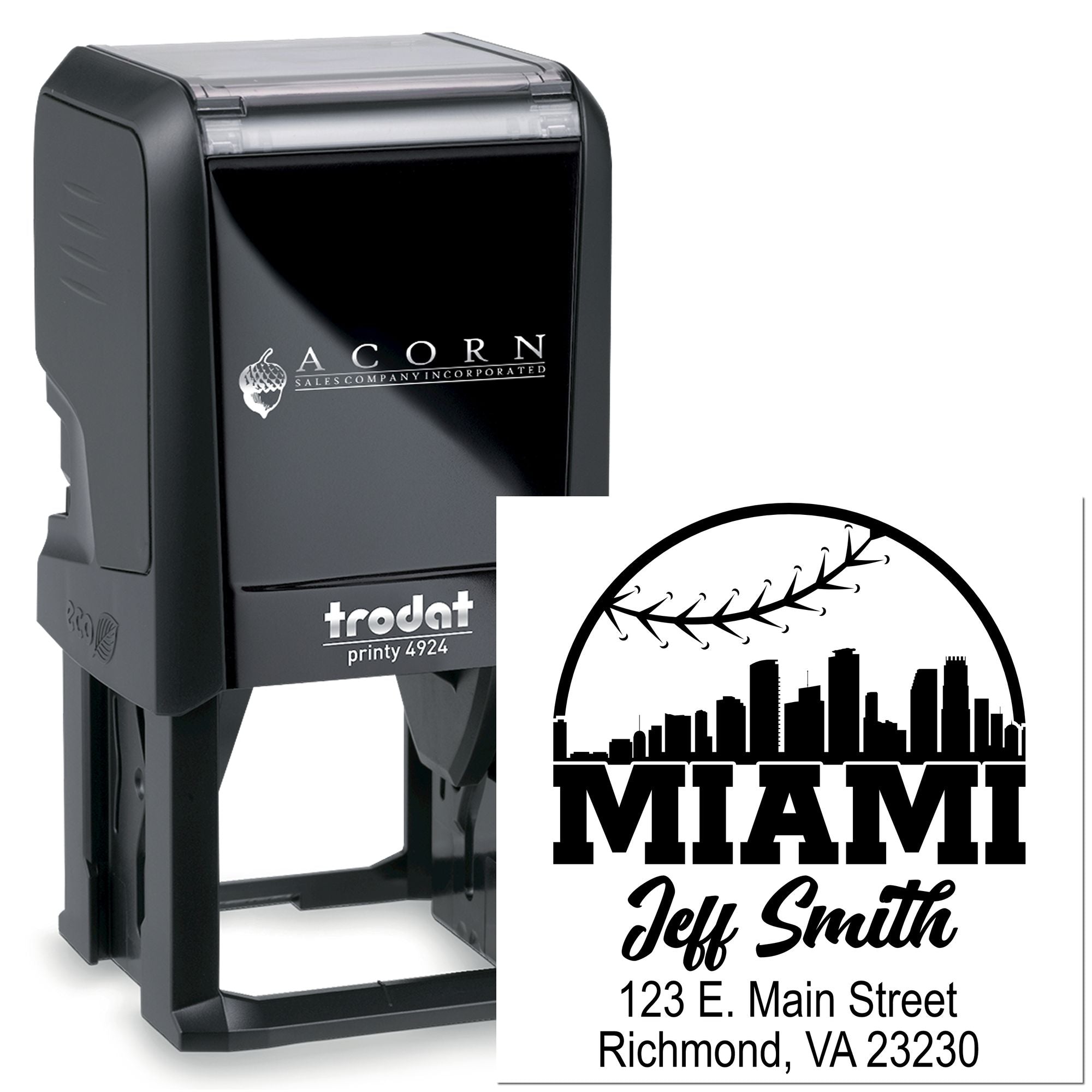Custom self-inking rubber stamp with Miami skyline, name, and address imprint for business mailing and branding.