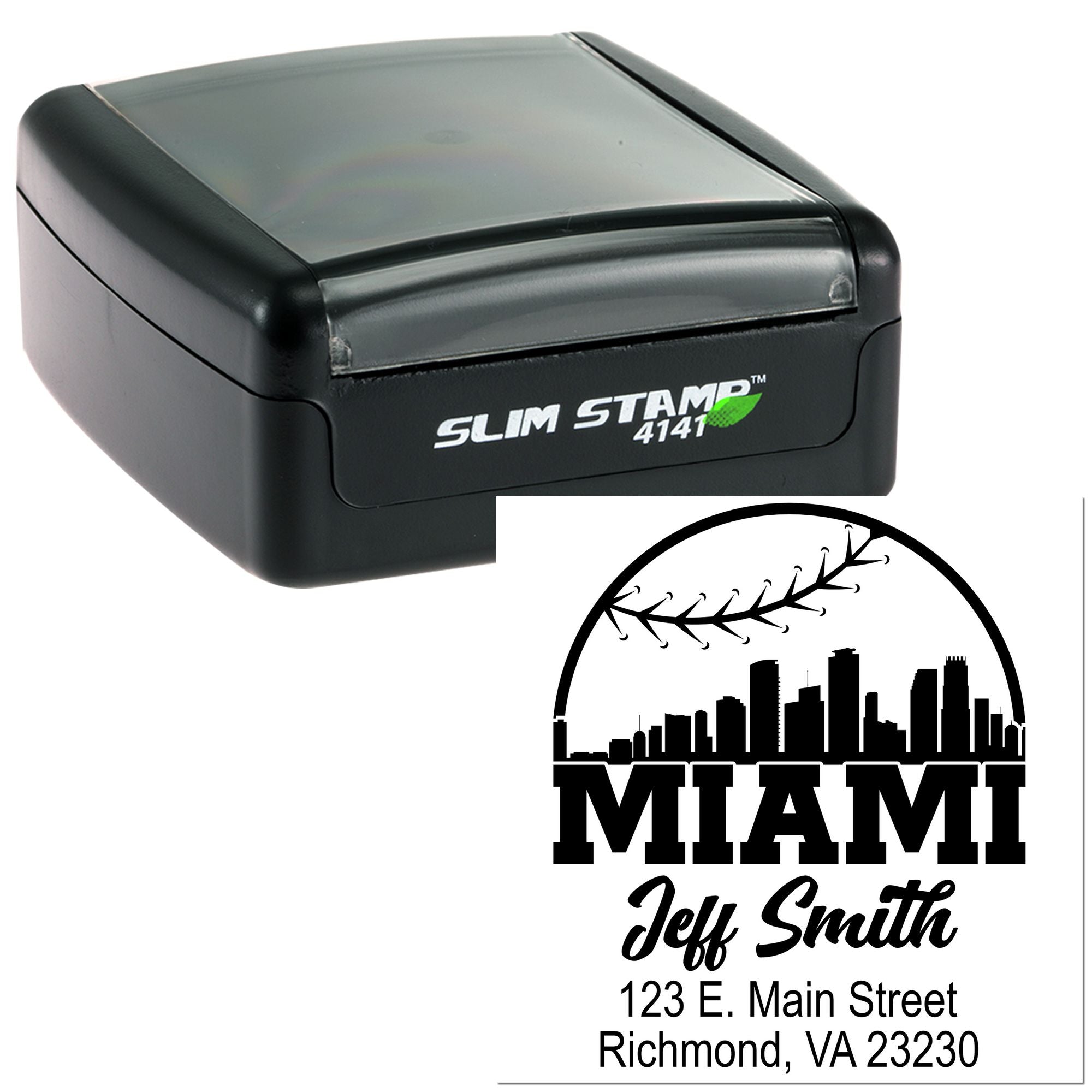 Custom Miami address rubber stamp with self-inking Slim Stamp, skyline design, Jeff Smith name, and return address.