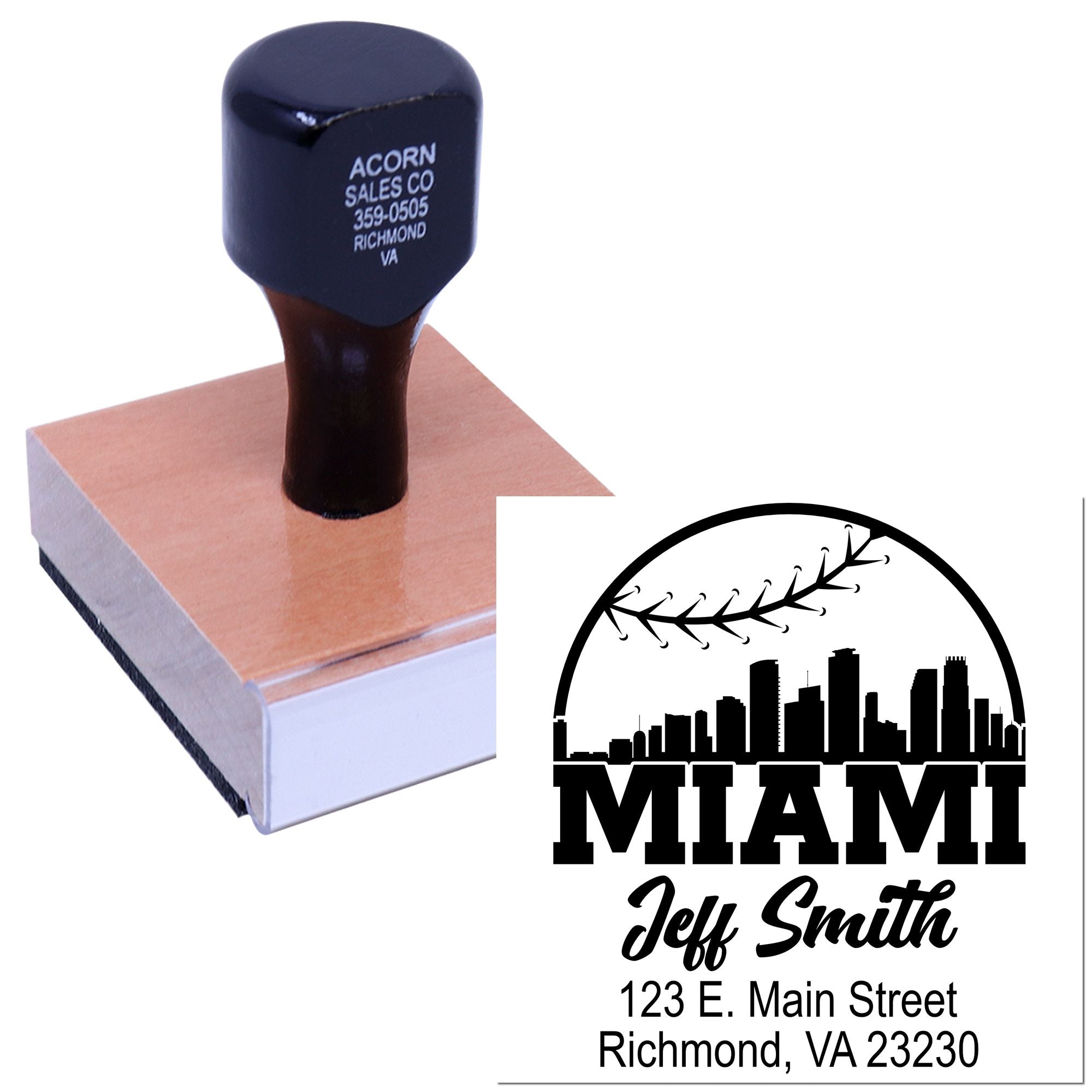 Custom Miami return address self-inking rubber stamp with skyline logo and name/address imprint for envelopes and business mail.