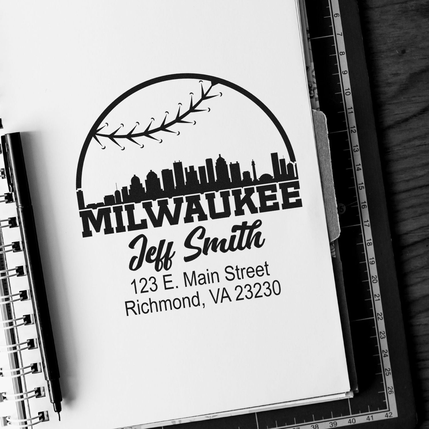 Personalized Milwaukee address rubber stamp with skyline baseball design, featuring Jeff Smith and Richmond, VA address.