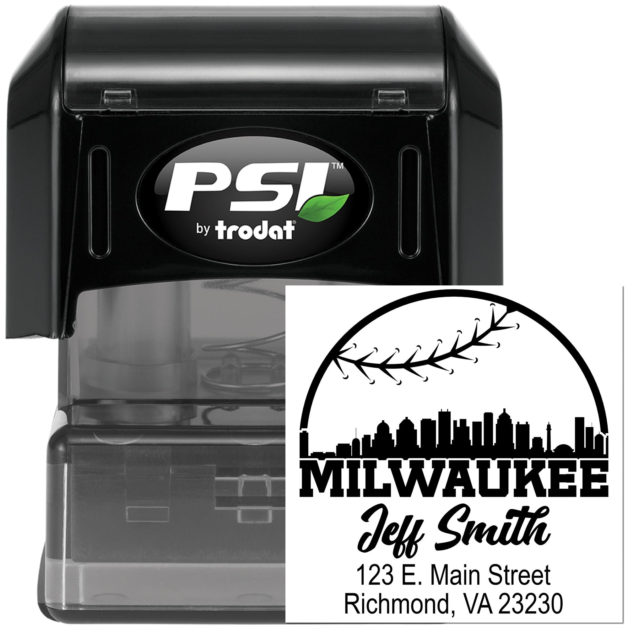 PSI by Trodat self-inking rubber stamp with custom Milwaukee address design for personalized mailing.