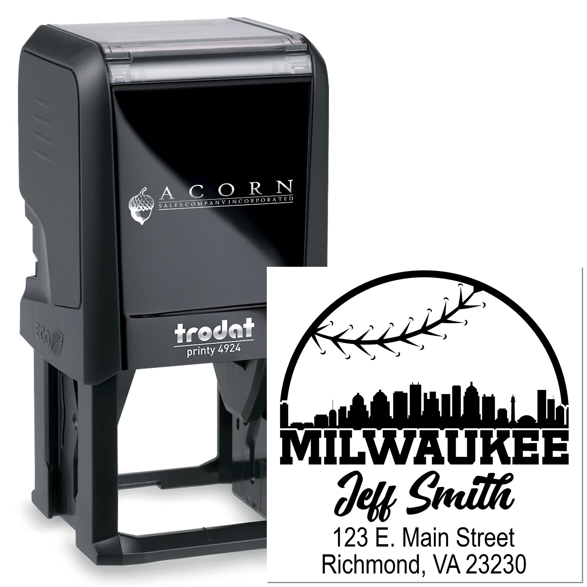 Custom self-inking rubber stamp with Milwaukee skyline design, Jeff Smith name and address, ideal for business branding.