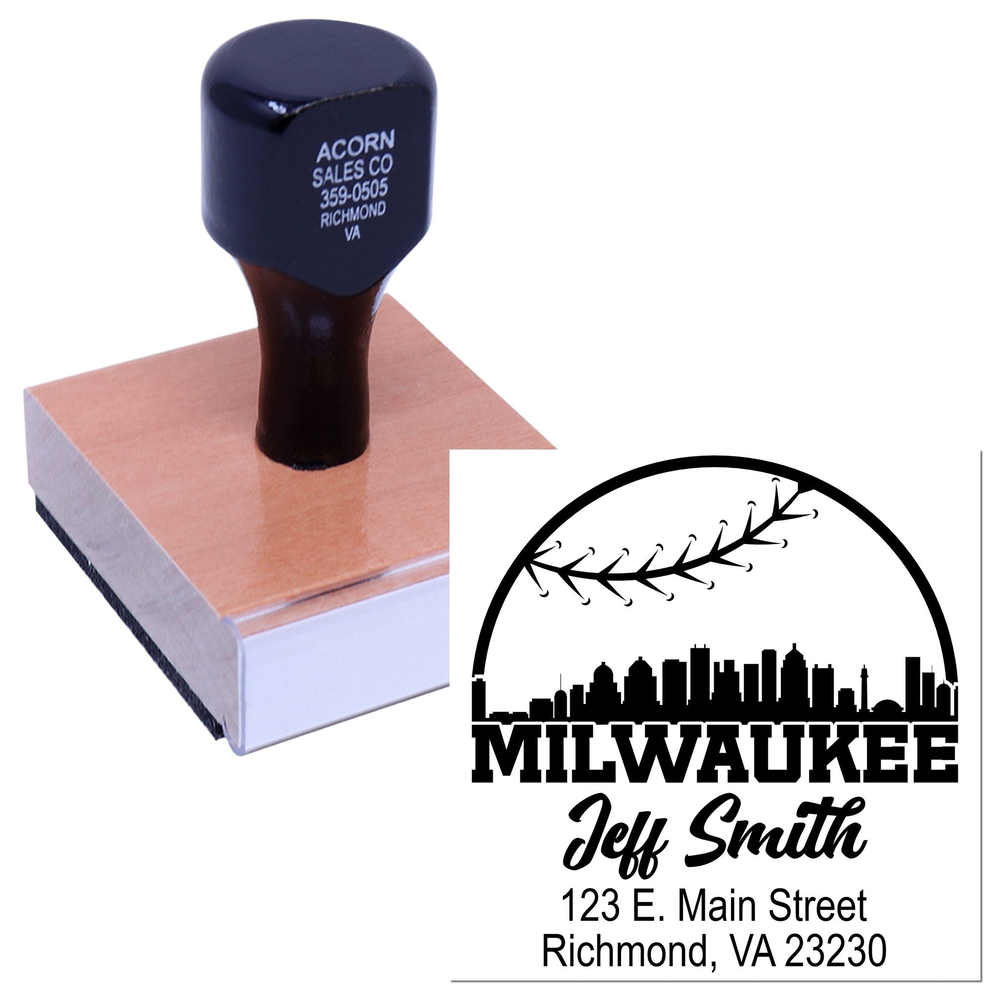 Custom rubber stamp imprint with Milwaukee skyline, baseball logo, and address for personalized business branding and return mail.