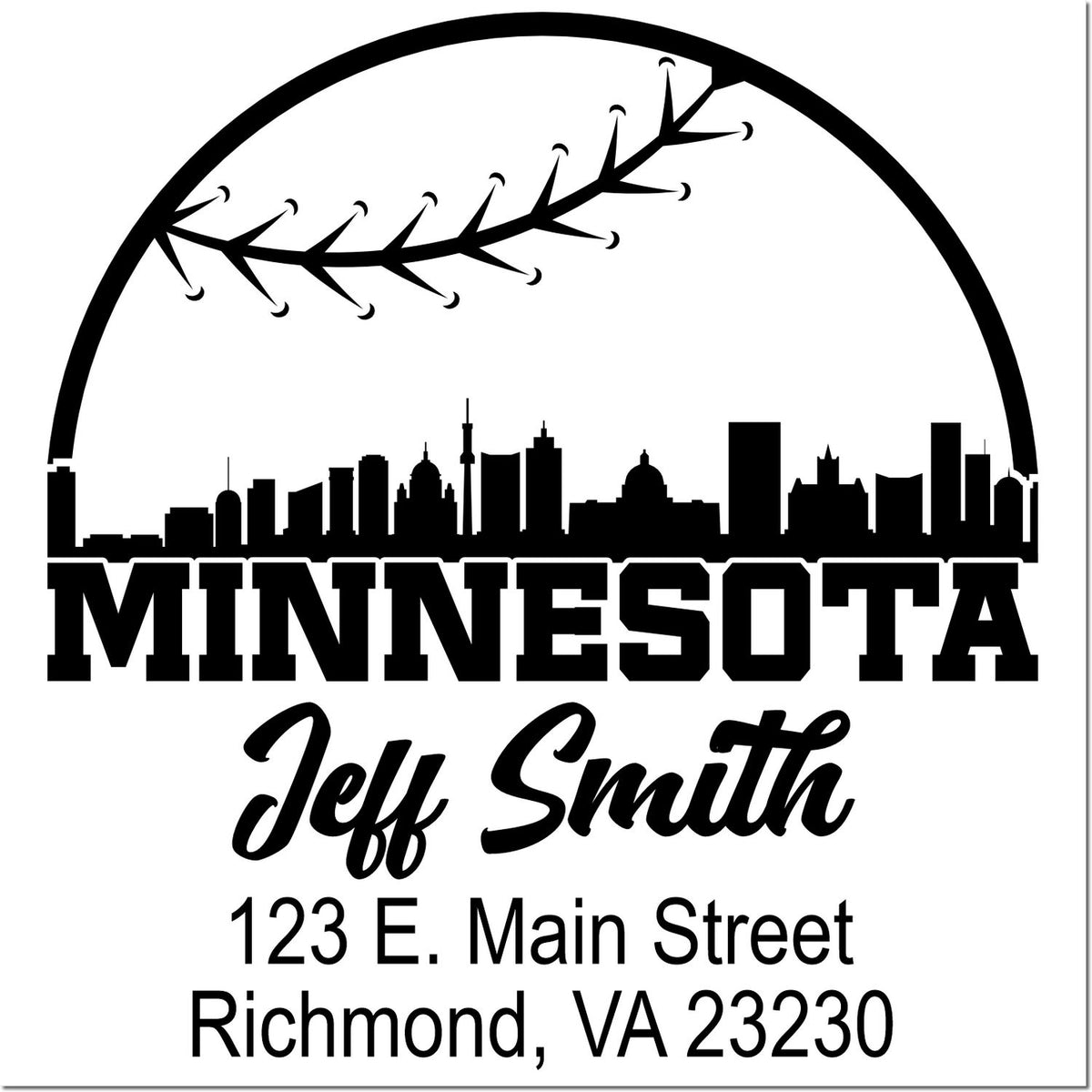 Custom Minnesota rubber address stamp for Jeff Smith with skyline graphic and Richmond, VA 23230 mailing address.
