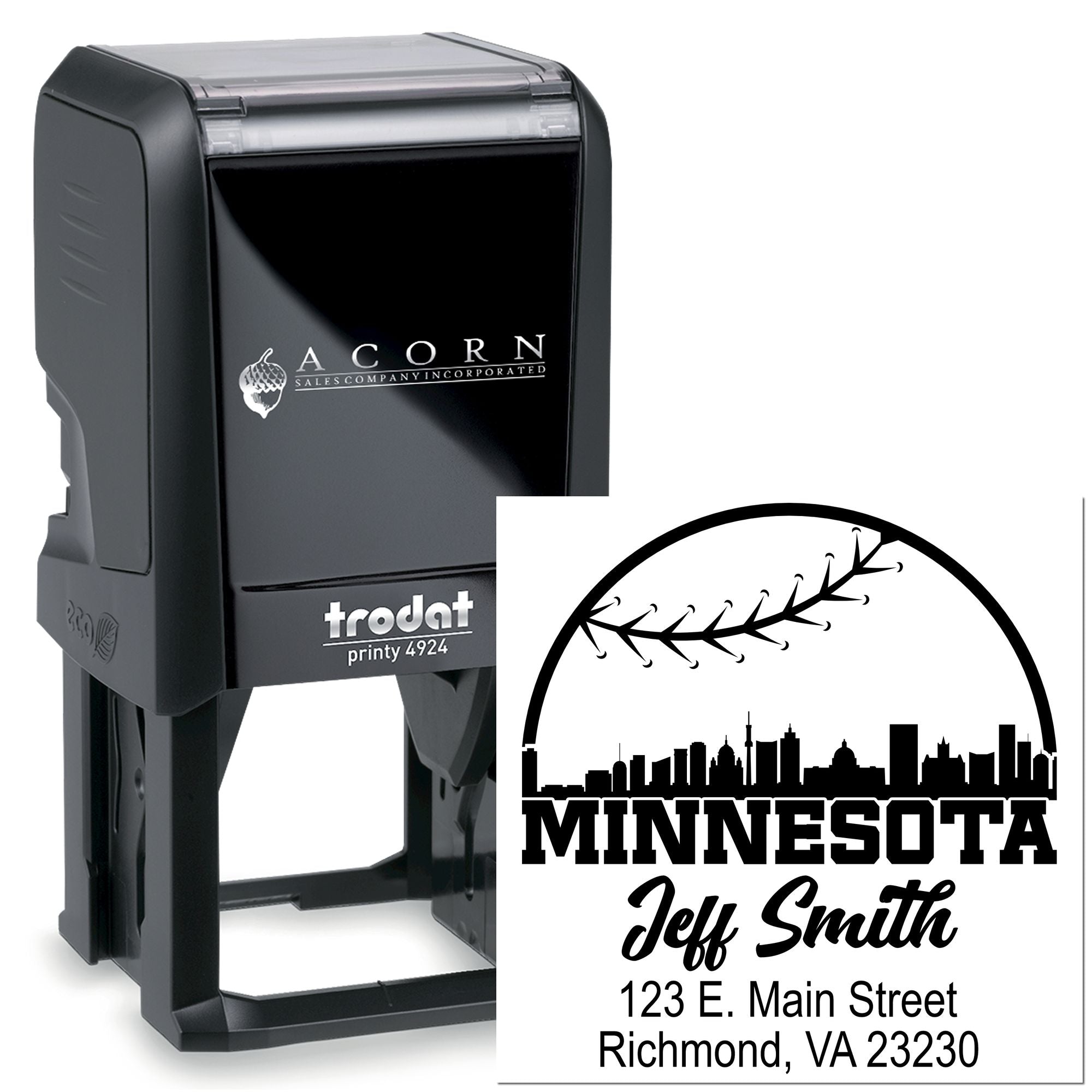 Custom self-inking rubber stamp with Minnesota return address design, Trodat Printy 4924, for mailing and branding.