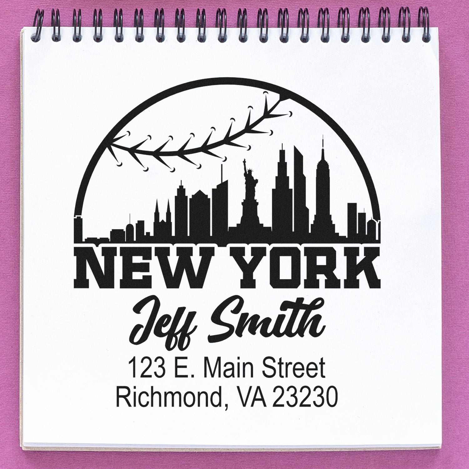 New York skyline custom return address rubber stamp for Jeff Smith, 123 E. Main Street, Richmond, VA 23230.
