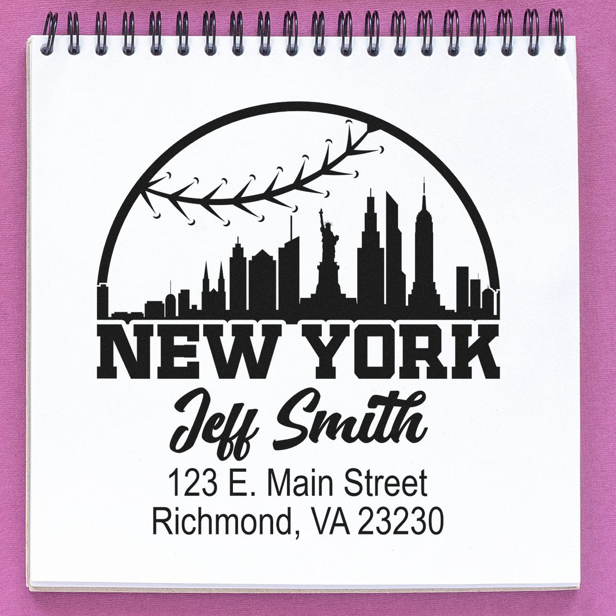 Personalized New York skyline return address rubber stamp featuring Jeff Smith and Richmond, VA address