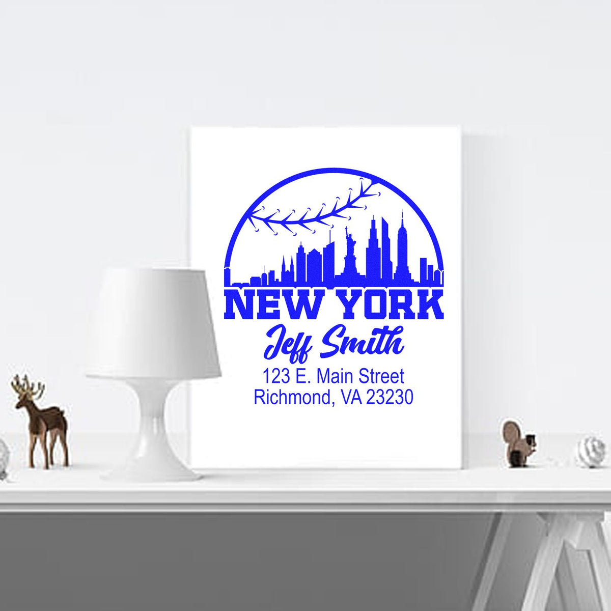 Custom New York skyline rubber stamp with Jeff Smith return address, Richmond, VA, for personalized mailing and stationery.
