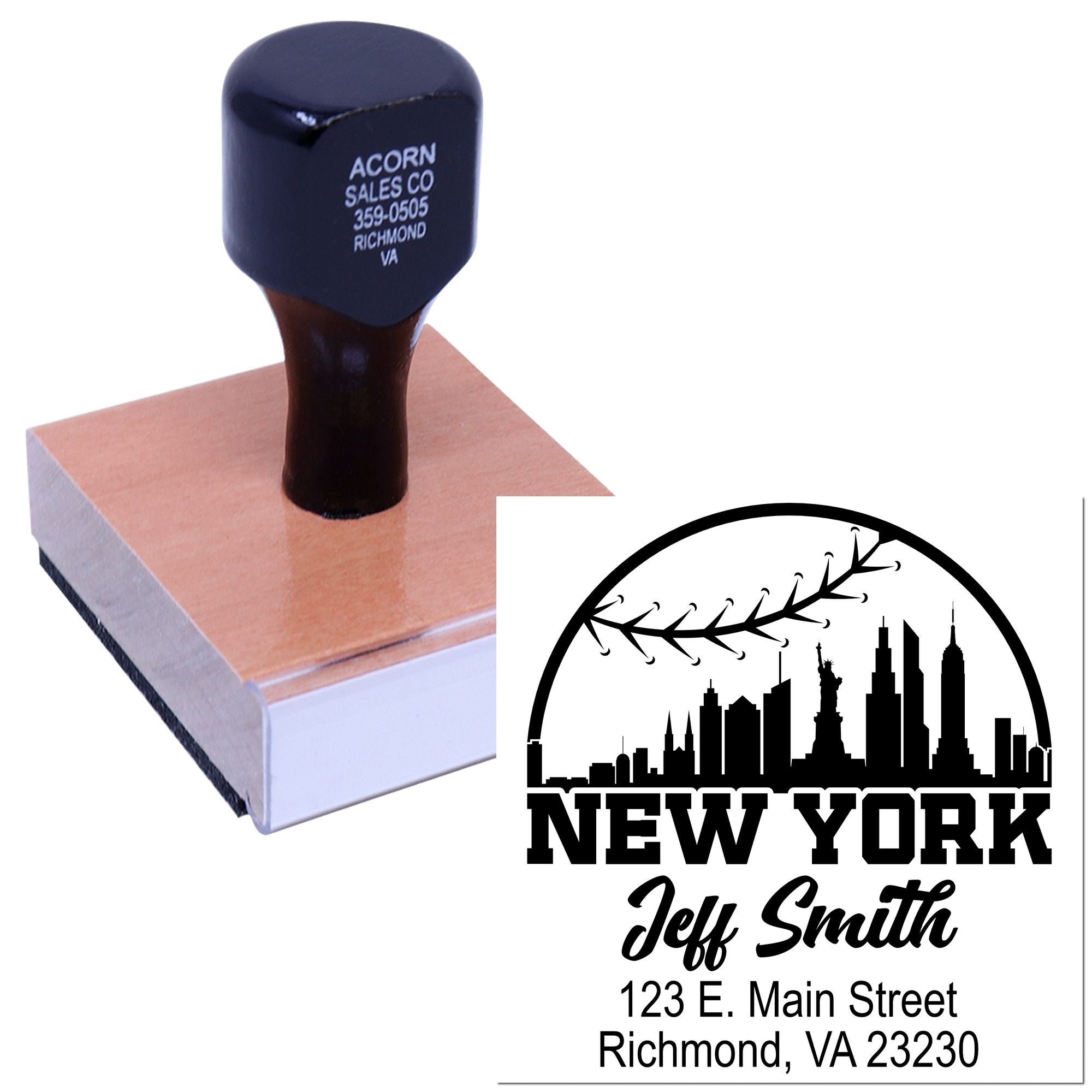 Custom rubber logo and address stamp with New York skyline for business mailing and branding.