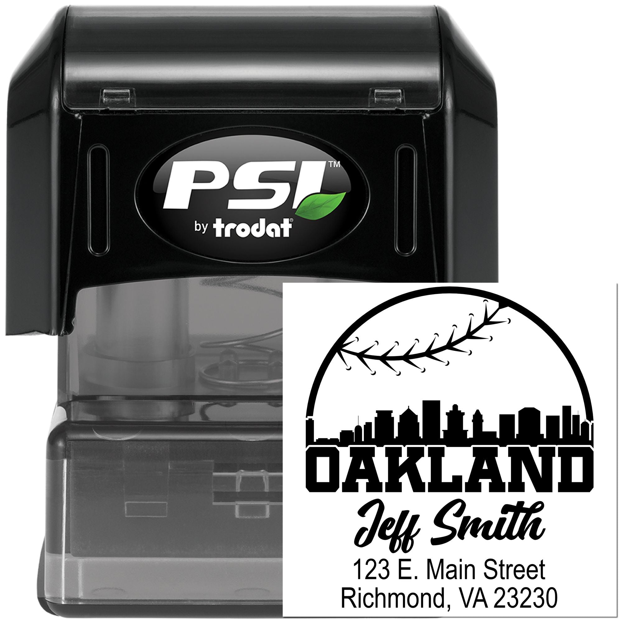 Custom self-inking address rubber stamp by PSI Trodat with Oakland return address for business mailing.