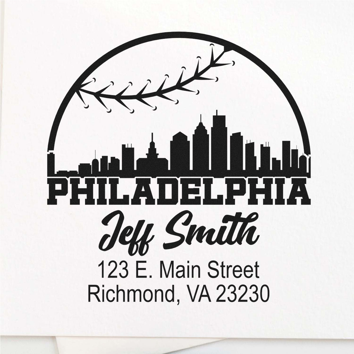Custom Philadelphia skyline rubber stamp with Jeff Smith name and Richmond, VA address for personalized return mail.