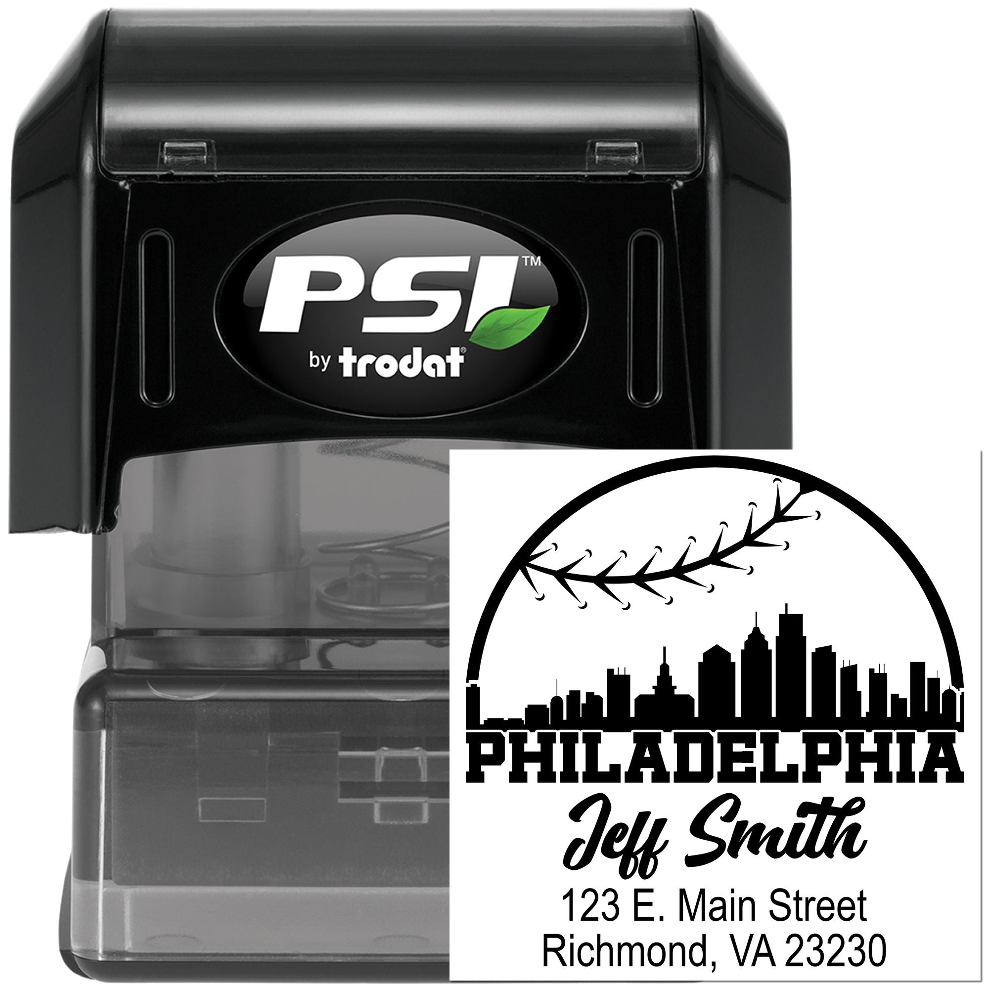 PSI by Trodat self-inking custom address rubber stamp featuring Philadelphia skyline, name, and return address.