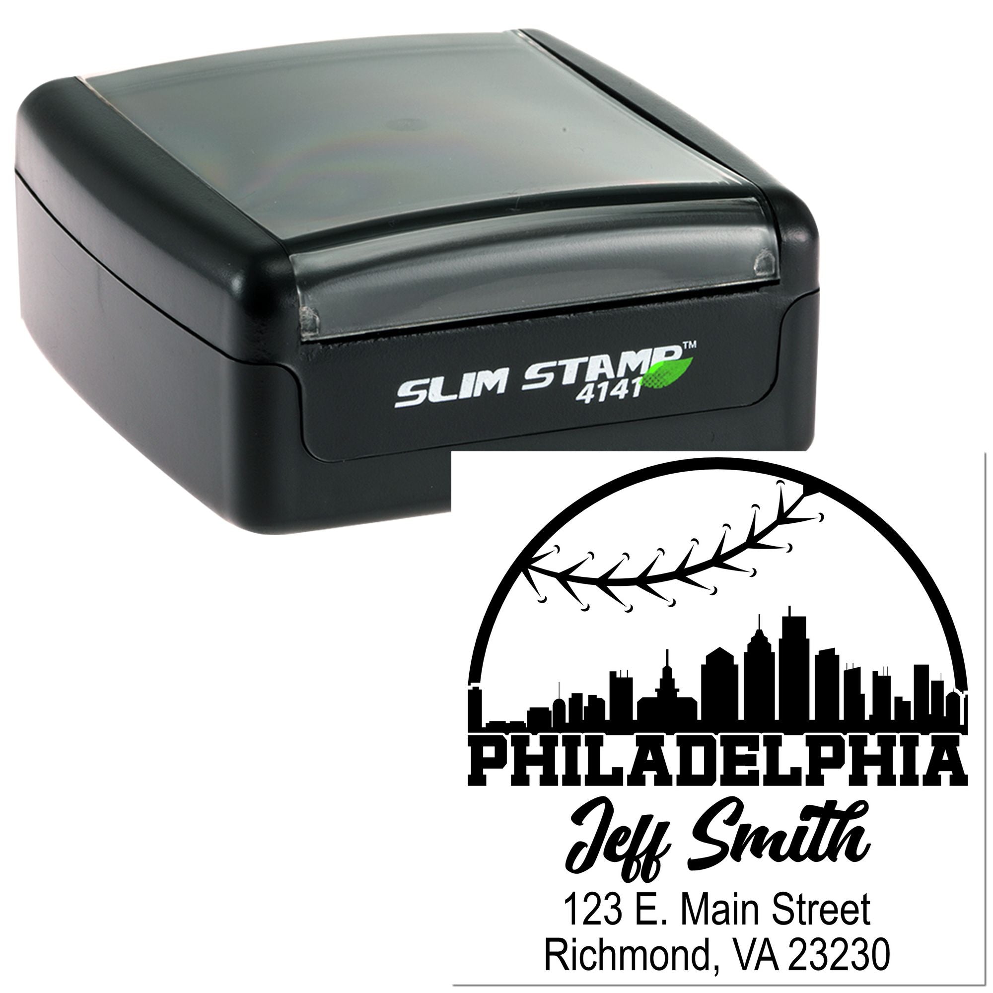 Self-inking custom address rubber stamp with Philadelphia skyline, Jeff Smith name, and Richmond, VA mailing address.
