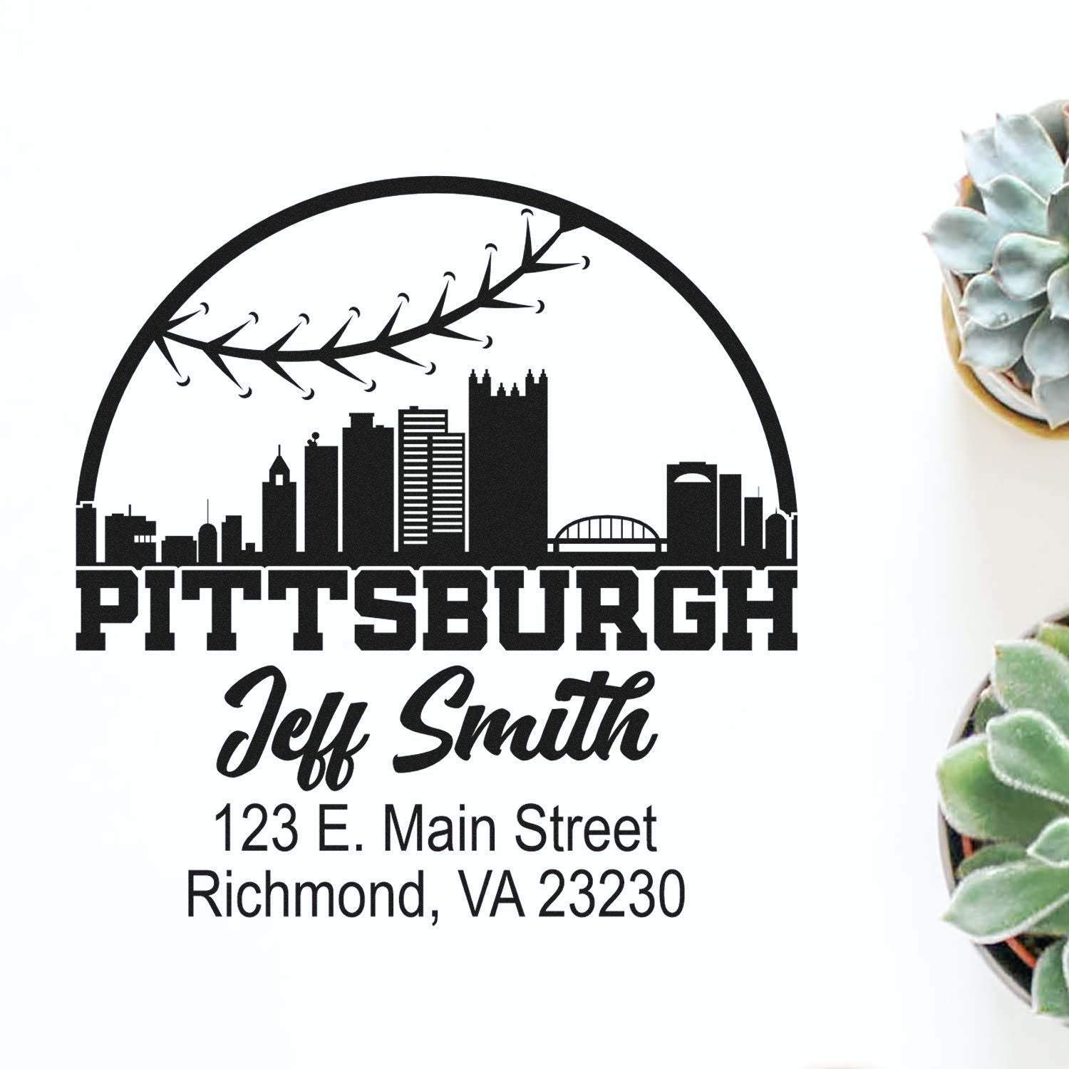 Custom Pittsburgh address rubber stamp with skyline, Jeff Smith name, and Richmond, VA 23230 for business mail.