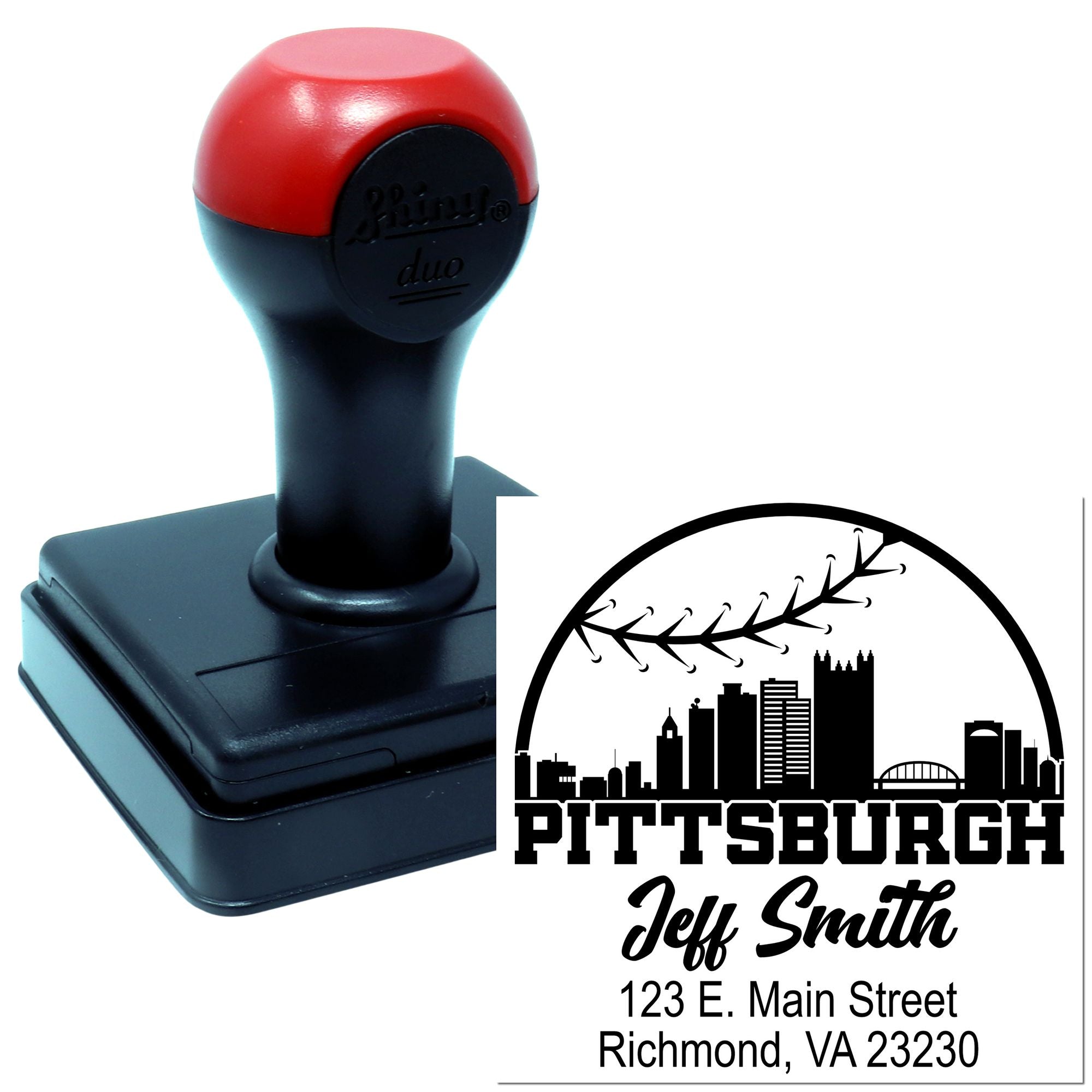 Custom self-inking rubber address stamp with Pittsburgh skyline logo, Jeff Smith name, and Richmond, VA mailing address.