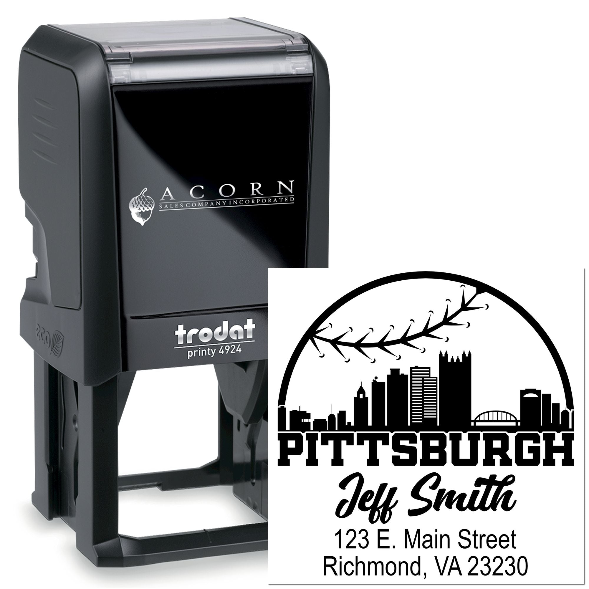 Custom self-inking rubber stamp with Pittsburgh skyline design, personalized name, and address for business mailings.