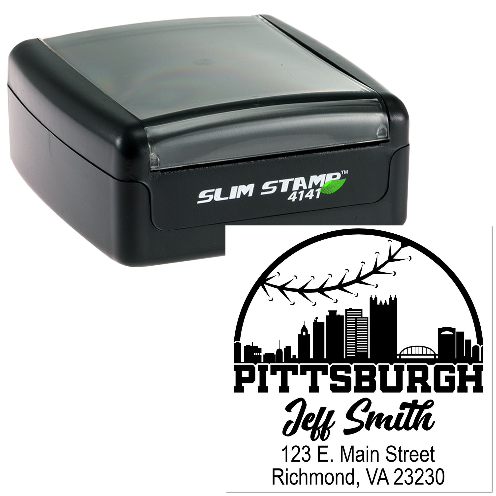 Custom Pittsburgh address rubber stamp with skyline logo, self-inking Slim Stamp case and return address imprint.