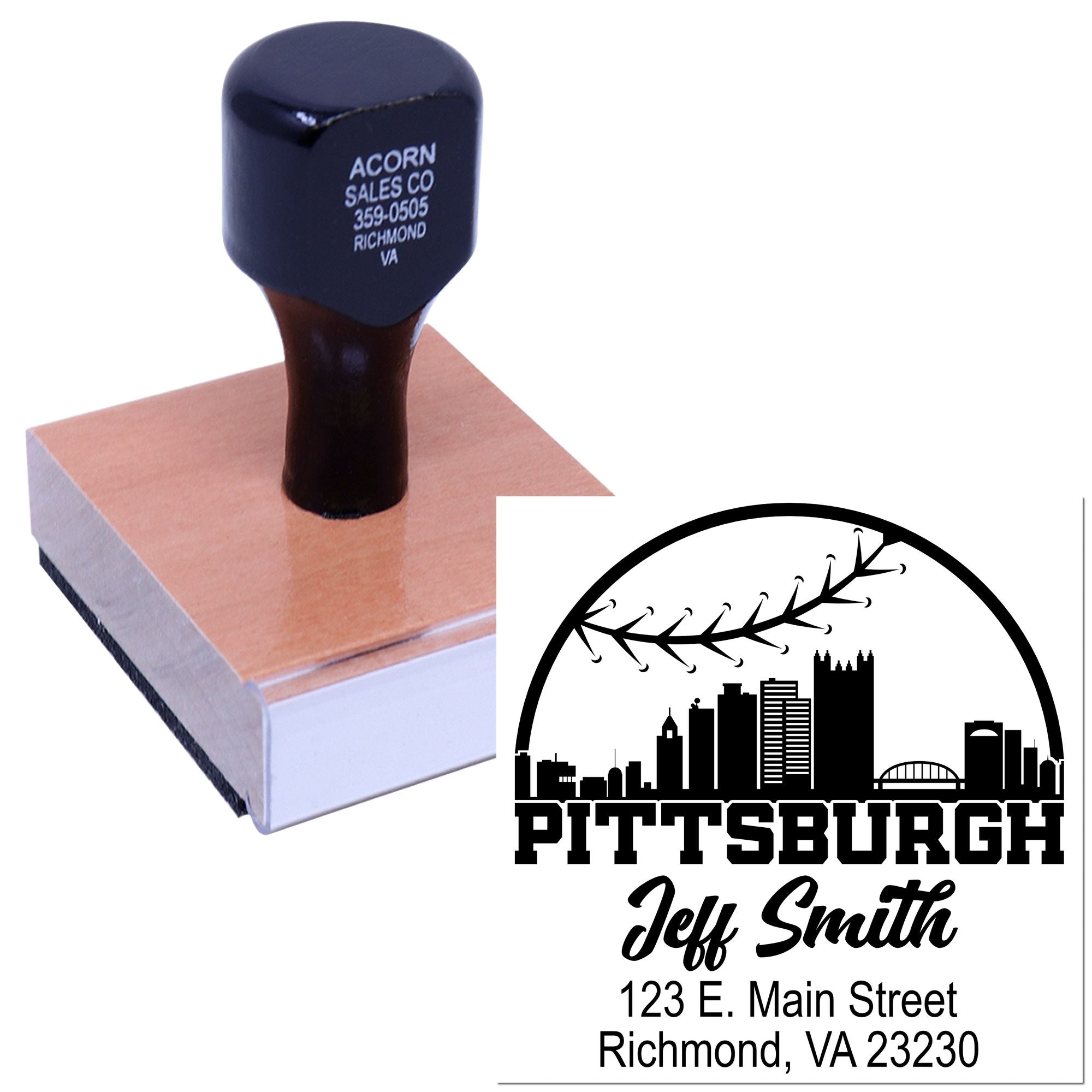 Custom return address rubber stamp with Pittsburgh skyline logo and Jeff Smith mailing details