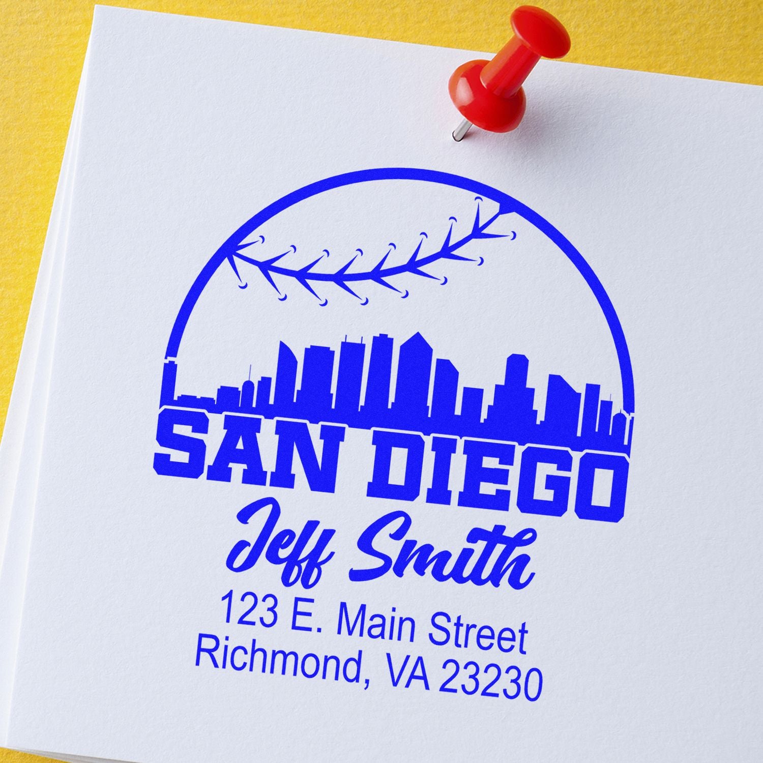 Personalized rubber address stamp for Jeff Smith in San Diego with skyline logo and Richmond, VA return address