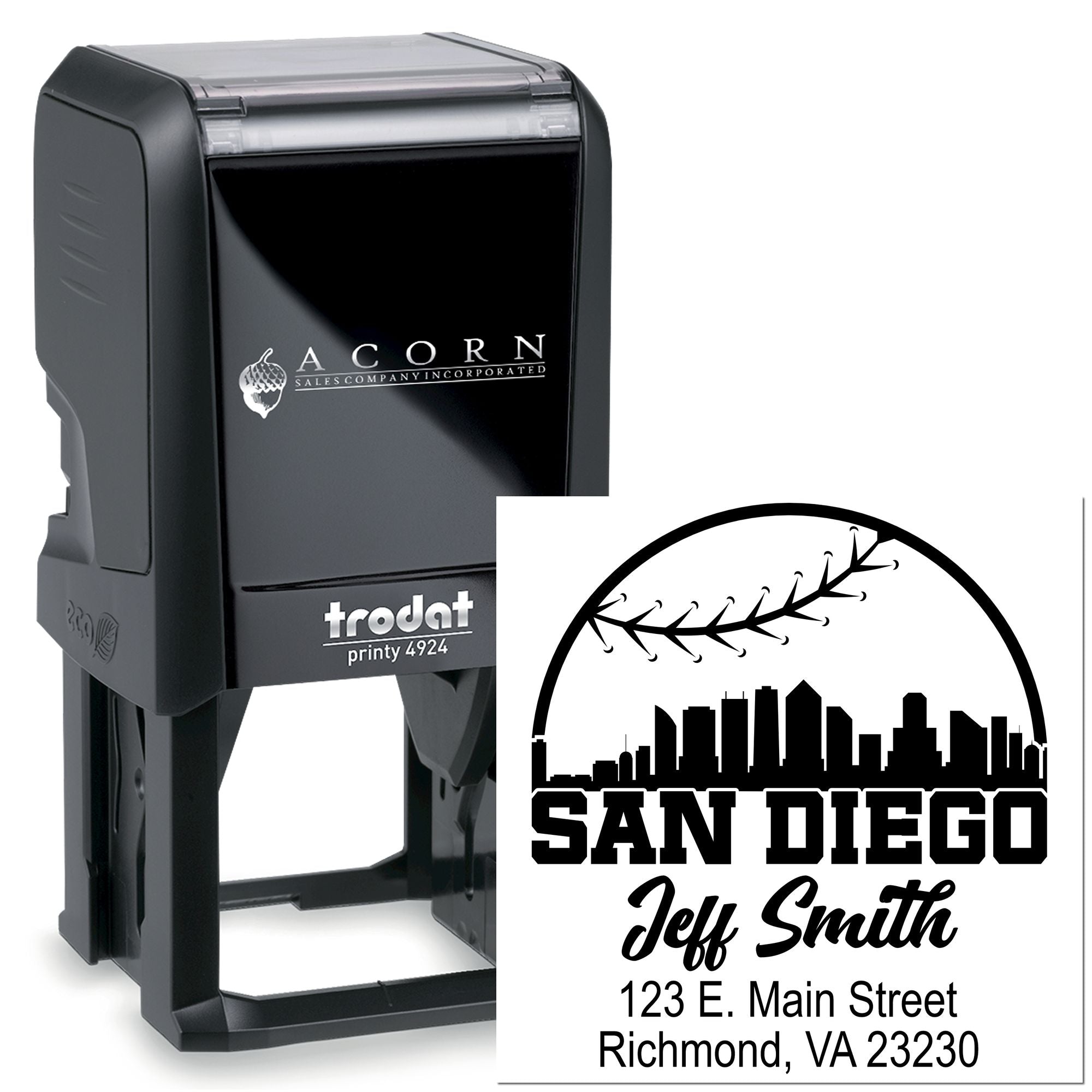 Custom self-inking rubber stamp with San Diego address and skyline logo for business mailings.