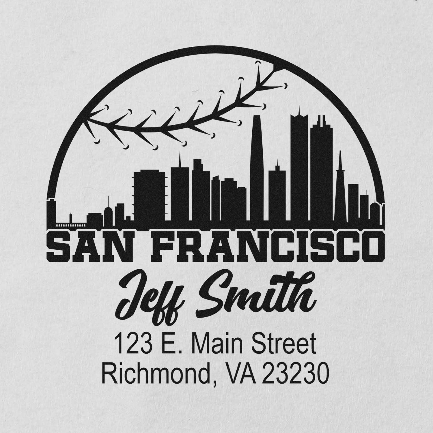 Custom San Francisco rubber address stamp with skyline and airplane, personalized for Jeff Smith, Richmond, VA 23230.