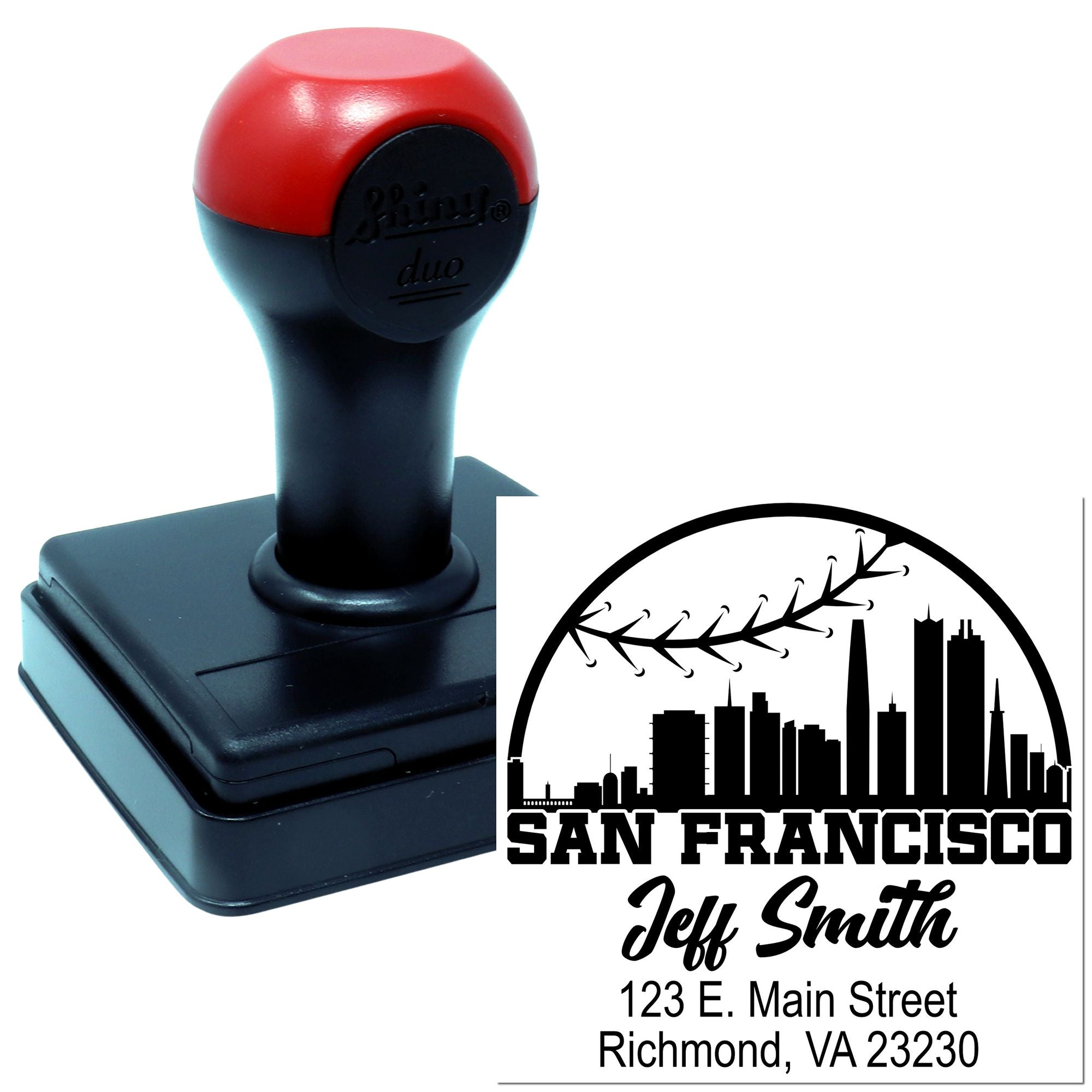Custom self-inking rubber address stamp with San Francisco skyline logo, name, and return address for business mail.