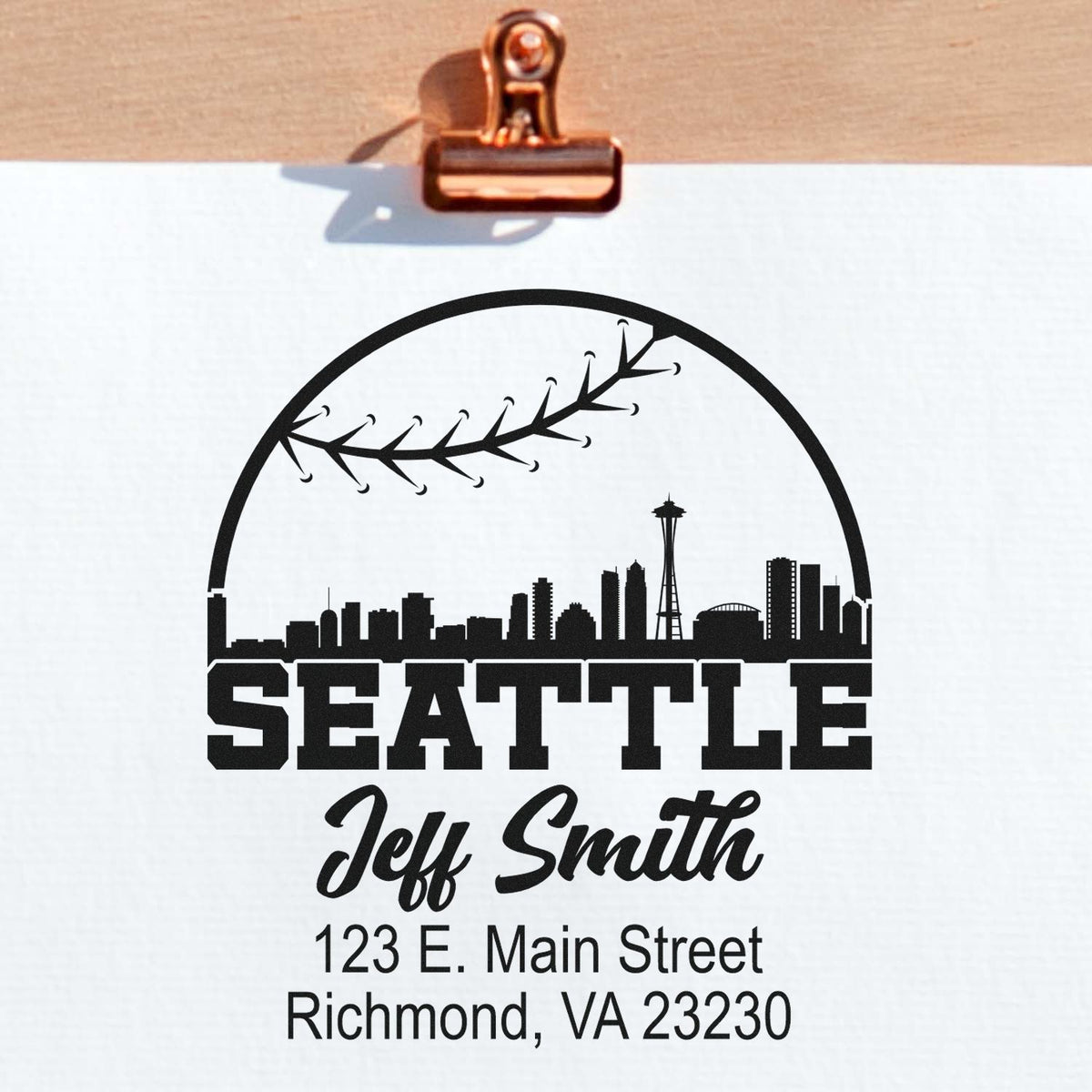 Personalized Seattle return address rubber stamp with skyline and airplane, showing Jeff Smith and Richmond, VA address.